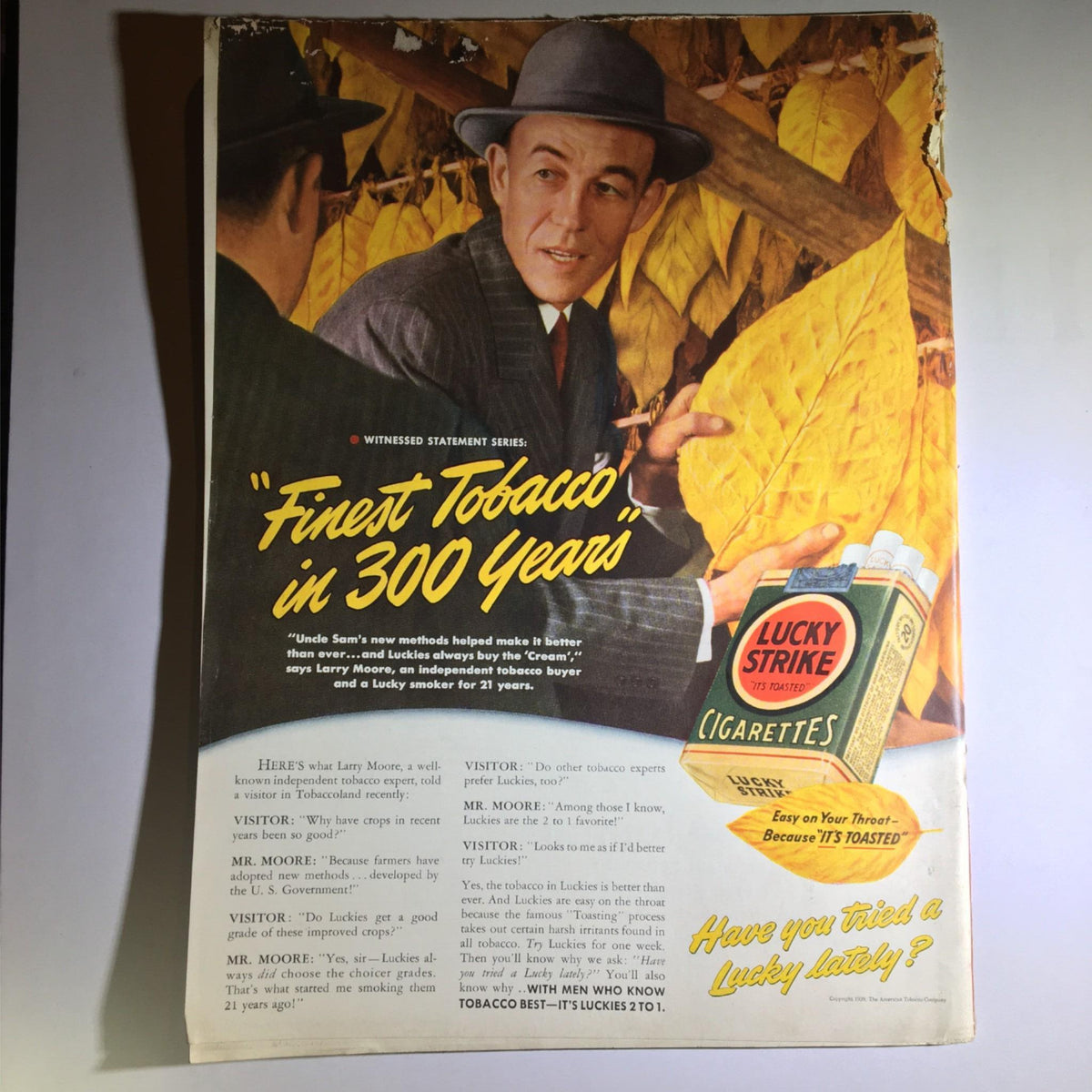 Vintage advertisement from Newsweek Magazine September 11, 1939 showcasing 'Finest Tobacco in 300 Years' featuring a tobacco buyer discussing Lucky Strike cigarettes.