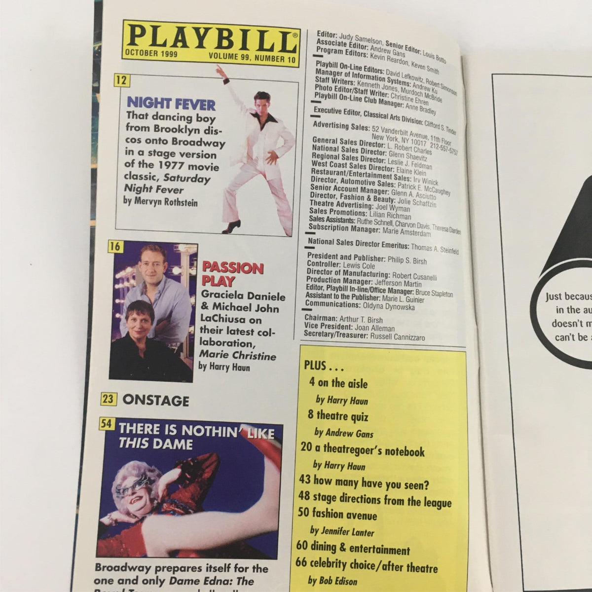 Inside page of the 1999 Playbill for Chesapeake featuring articles on Broadway shows, including Night Fever and Passion Play.