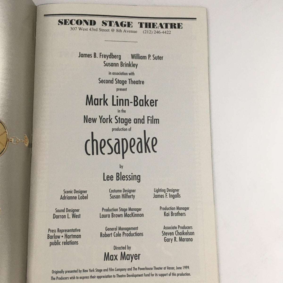 Credits page from the 1999 Playbill for Chesapeake detailing the production team and direction by Max Mayer.