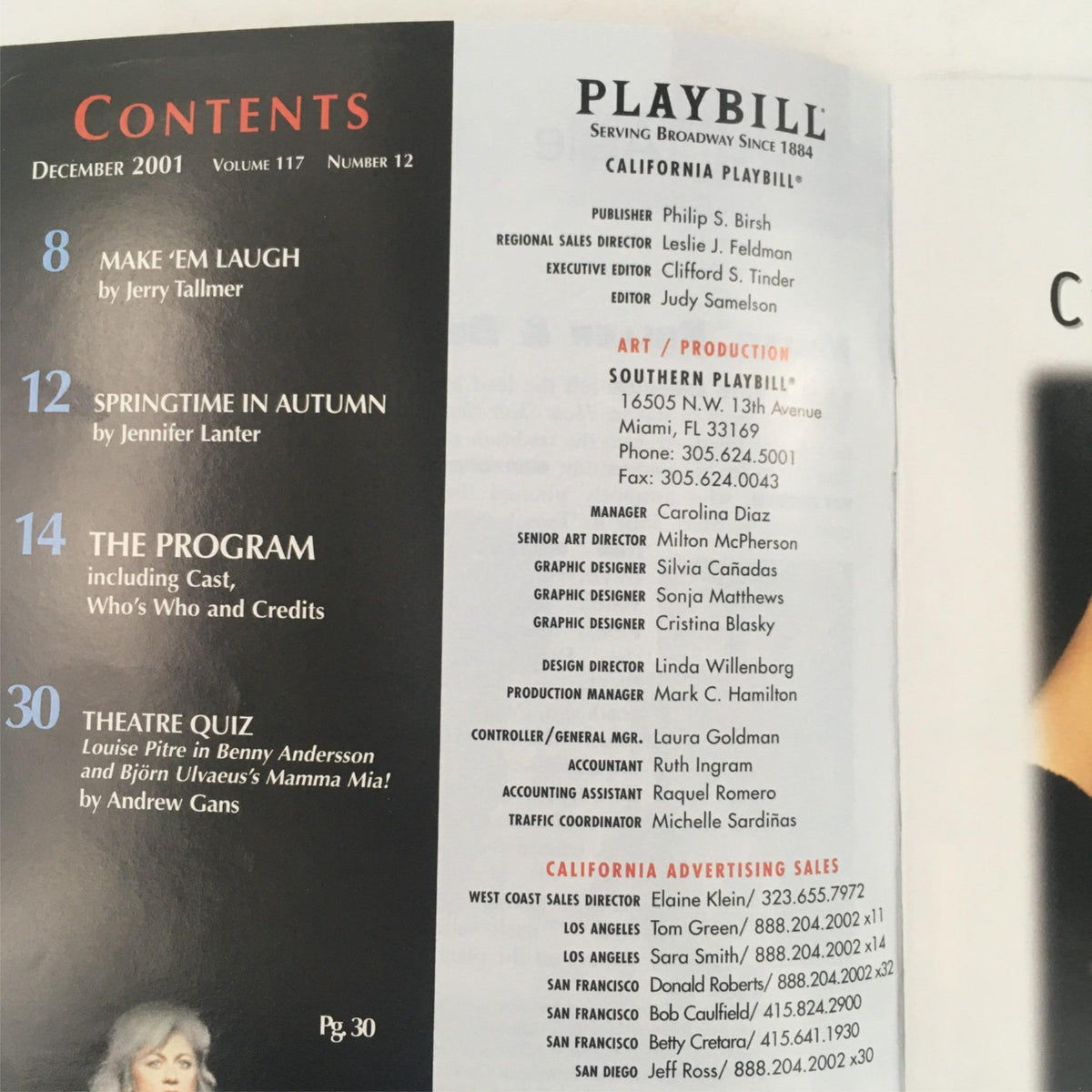 Inside view of the 2001 Playbill for Copenhagen at Wilshire Theatre showcasing the contents page. It includes details about the play, contributors, and the southern Playbill section.