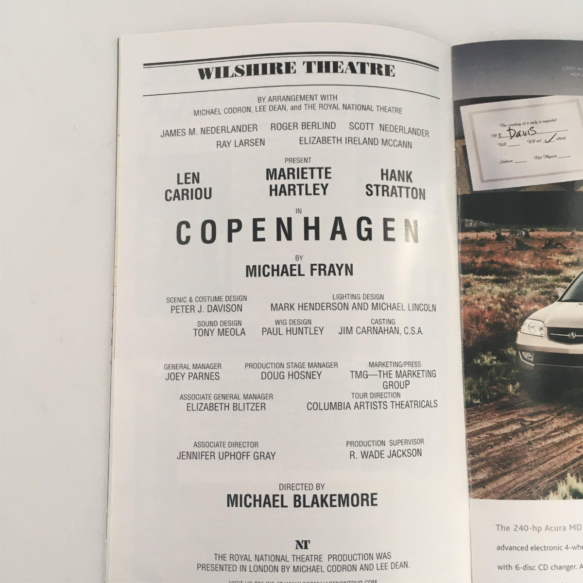 Detailed page from the 2001 Playbill for Copenhagen at Wilshire Theatre featuring production credits and cast information for Michael Frayn's acclaimed play, directed by Michael Blakemore.