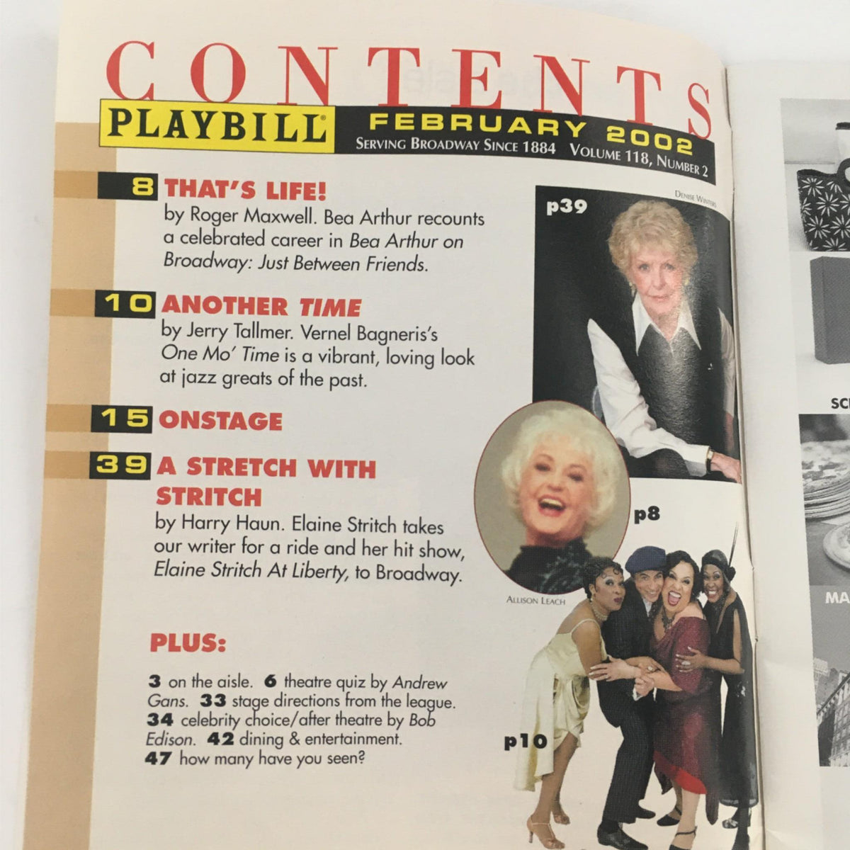 Contents page of the February 2002 Playbill for The Full Monty, featuring articles and highlights about Broadway productions.