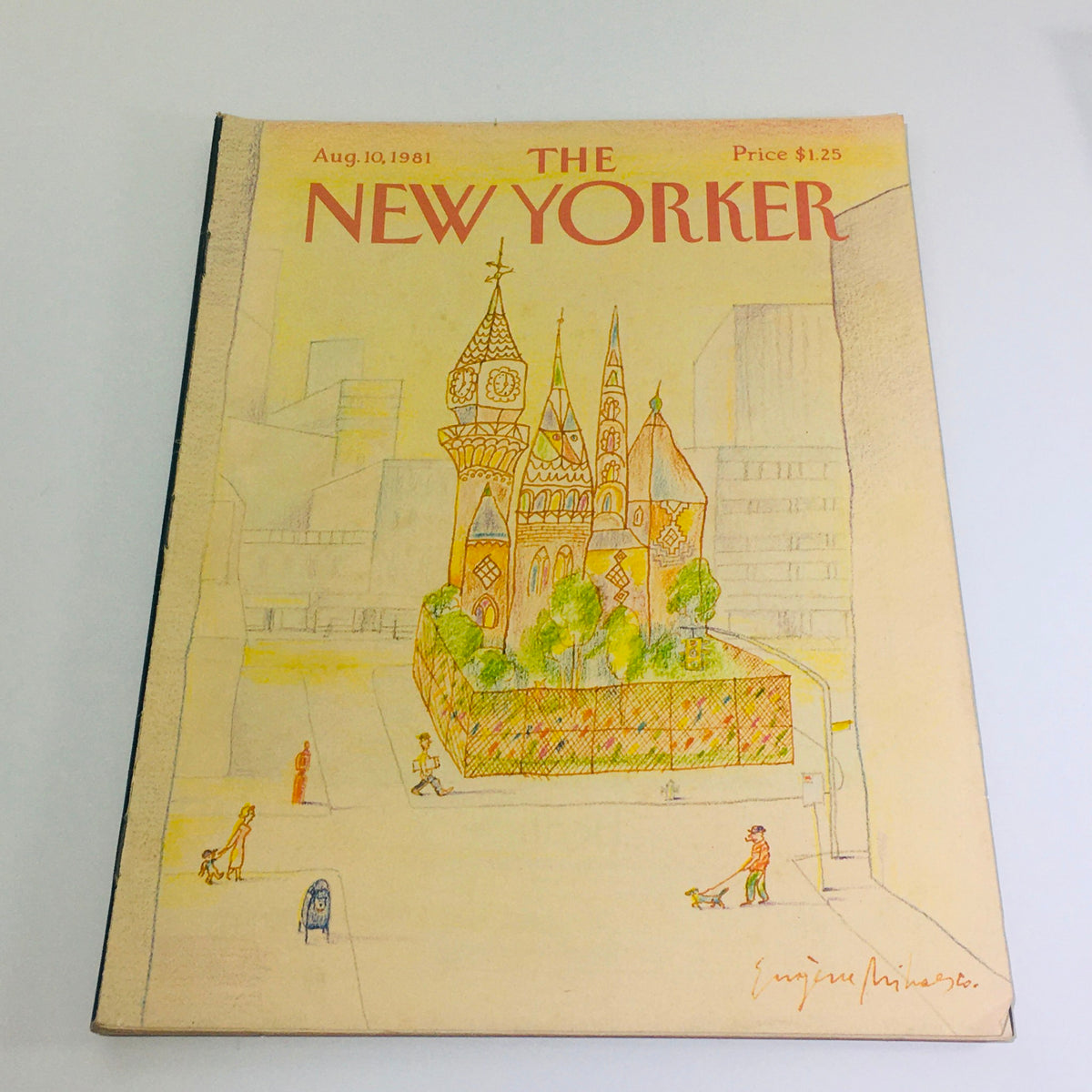 The New Yorker August 10 1981 Full Magazine Cover by Eugene Mihaesco featuring a colorful illustration of a church-like building and people in a city setting.