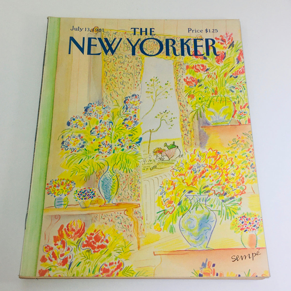 Cover art of The New Yorker July 13, 1981 featuring a vibrant floral scene illustrated by Jean-Jacques Sempe, showcasing a colorful interior with decorative vases and bright flowers.