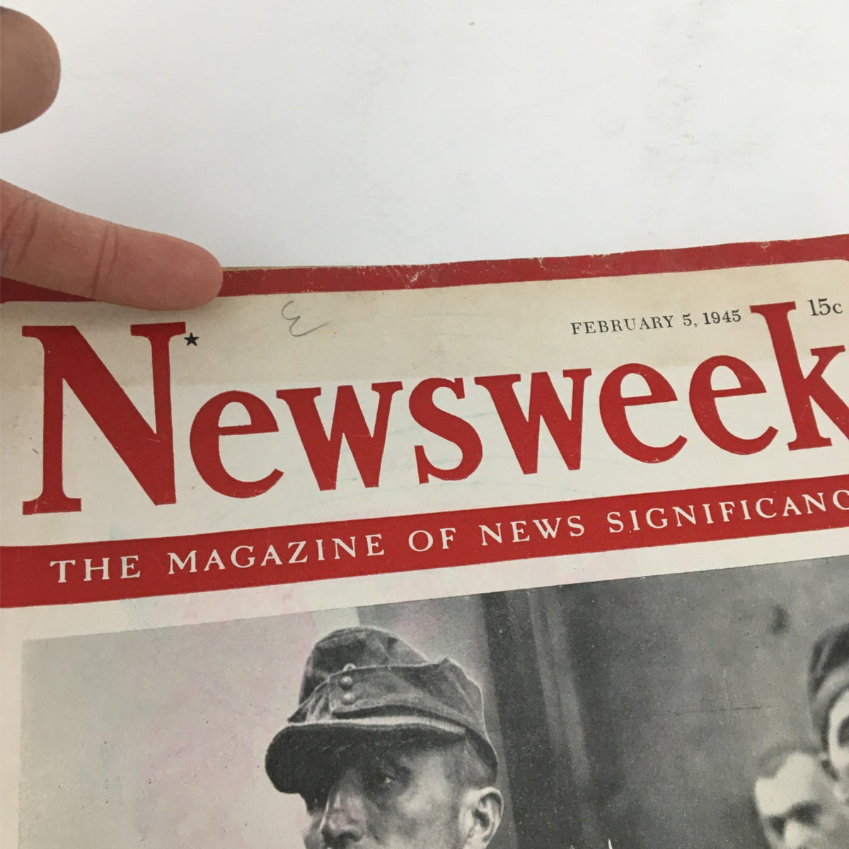 Close-up of the Newsweek Magazine title on the cover dated February 5, 1945, highlighting 'The Volkssturmer: Hitler's Last Man' with a historical significance.