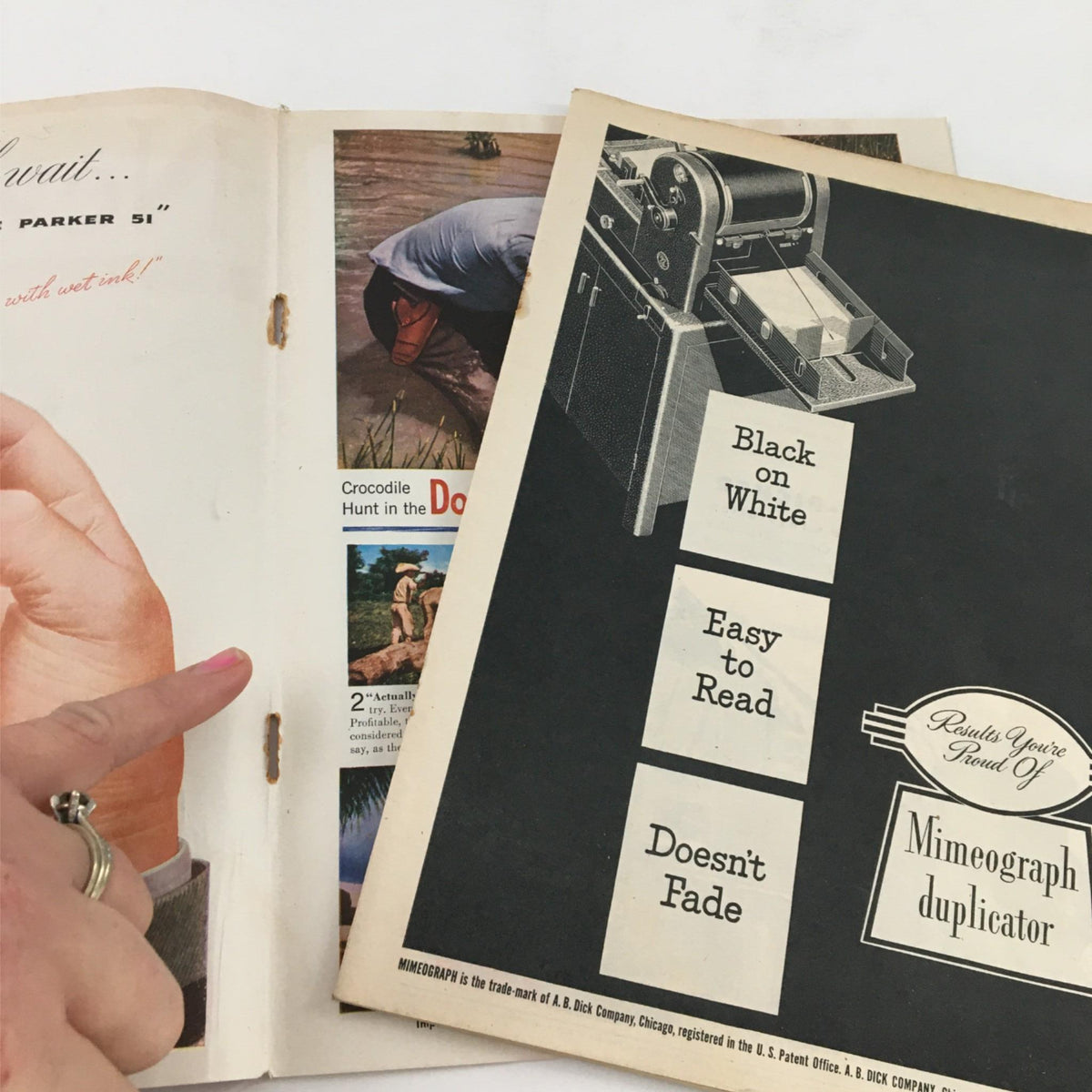 Interior pages of the Newsweek Magazine from February 5, 1945, showing advertisements and pages related to the issue 'The Volkssturmer: Hitler's Last Man', reflecting wartime design and themes.
