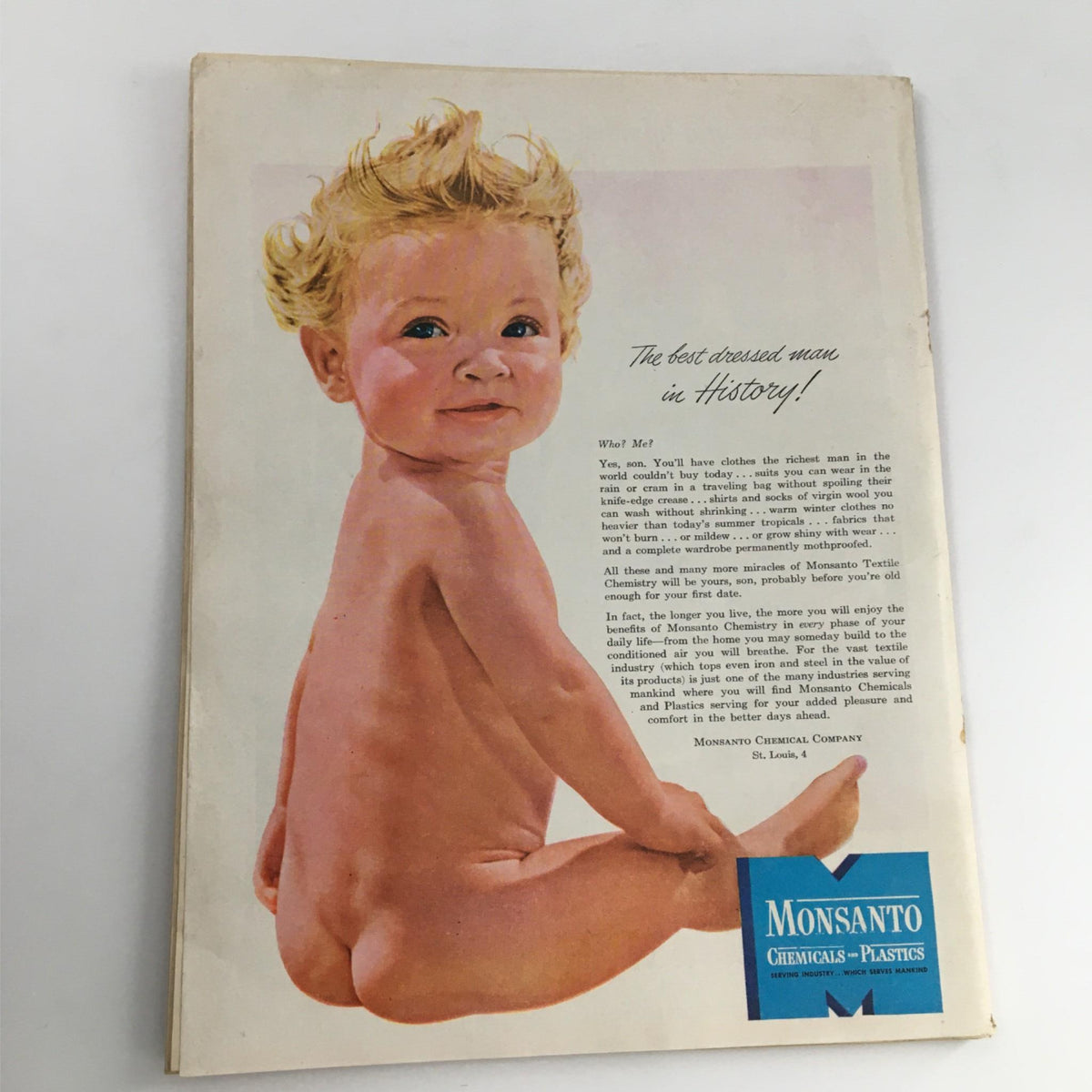 Back cover of the Newsweek Magazine October 8, 1945 titled 'Waiting For Trouble: The Strike Tension Mounts', featuring an advertisement with a baby and text about Monsanto Chemical Company.