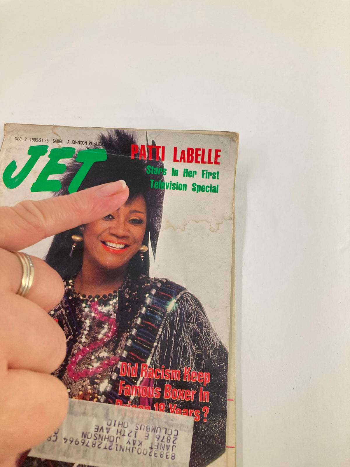 Close-up of VTG Jet Magazine December 2 1985 Vol 69 #12 cover showcasing Patti LaBelle's feature on her first television special.