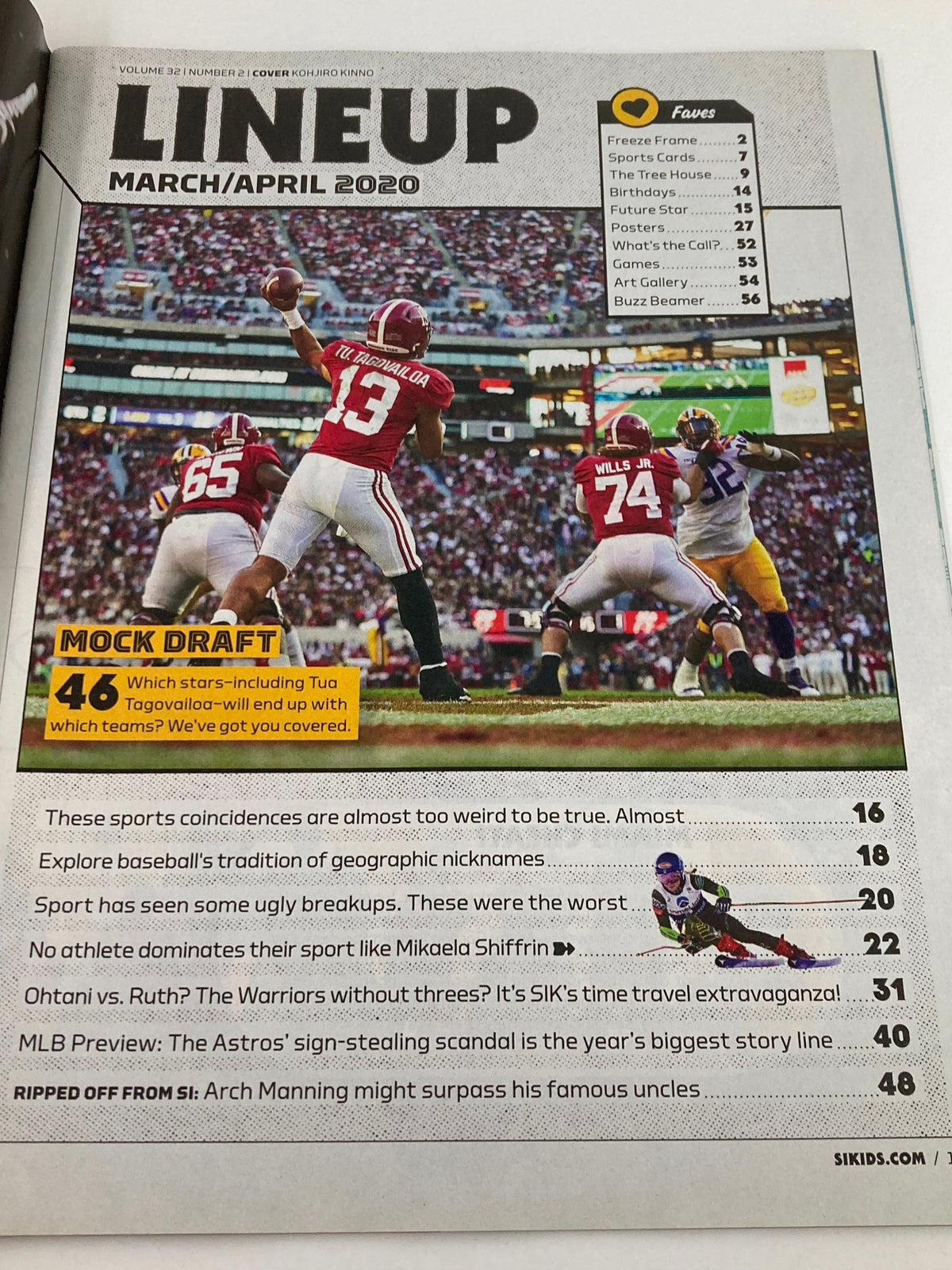 Interior page of Sports Illustrated Kids Magazine March 2020 Vol 32 #2 displaying the lineup for the draft, featuring prominent athletes, and discussing sports coincidental traditions.