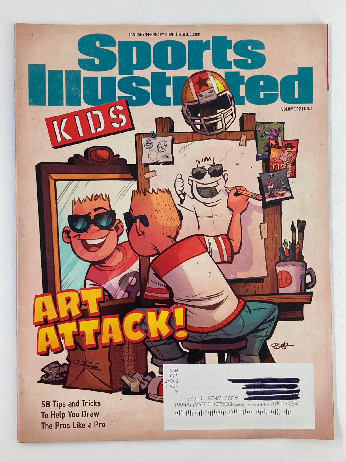 Cover of Sports Illustrated Kids Magazine January 2020 Vol 32 #1 titled 'Art Attack!' featuring playful illustrations and tips on drawing sports figures.