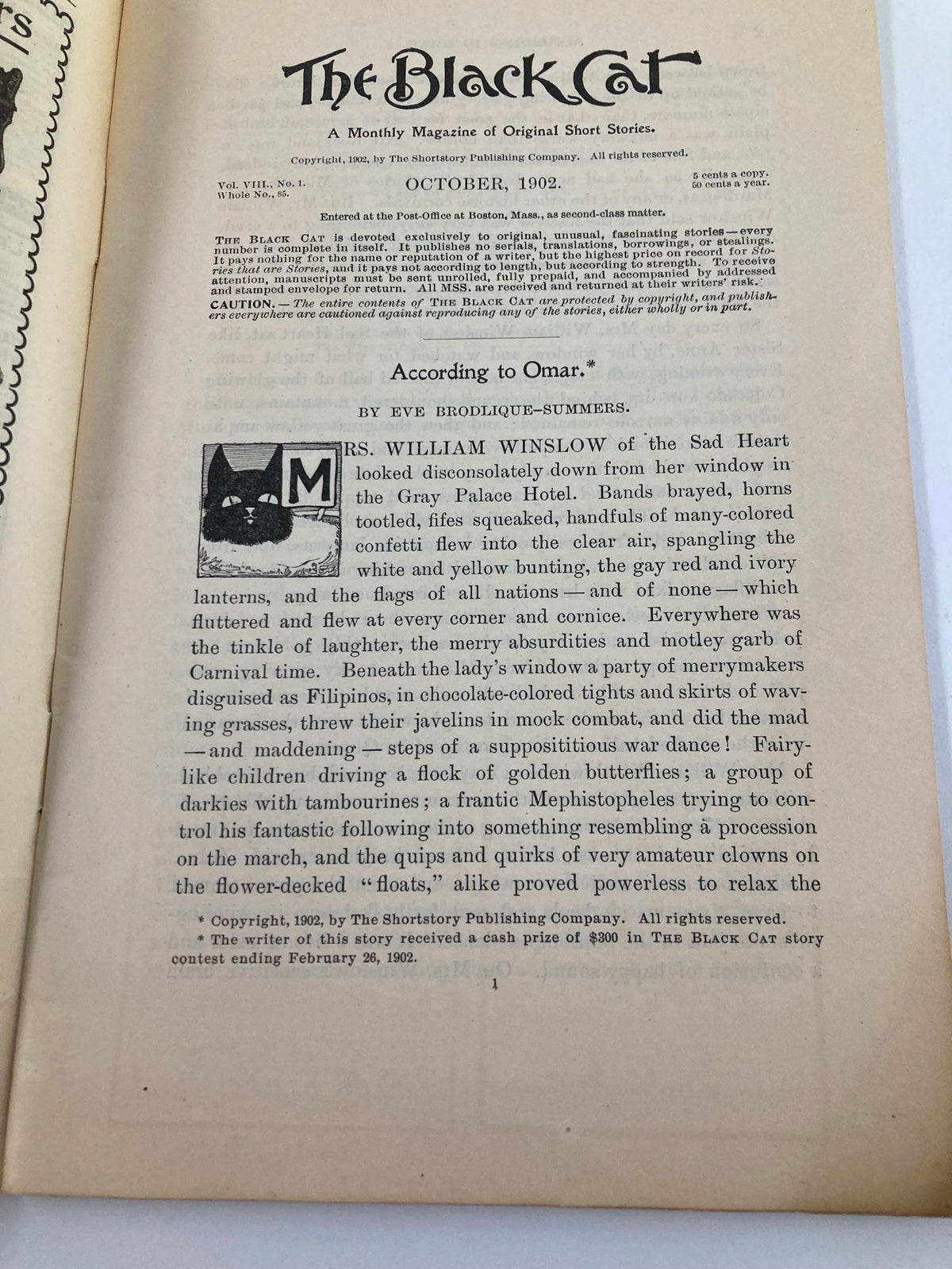 Inside page of VTG The Black Cat Magazine October 1902, showcasing story introduction and vintage layout.