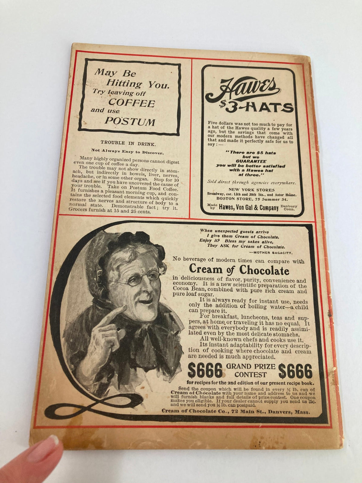 Back cover of VTG The Black Cat Magazine October 1902 displaying an advertisement for coffee and hats, typical of the early 20th century.