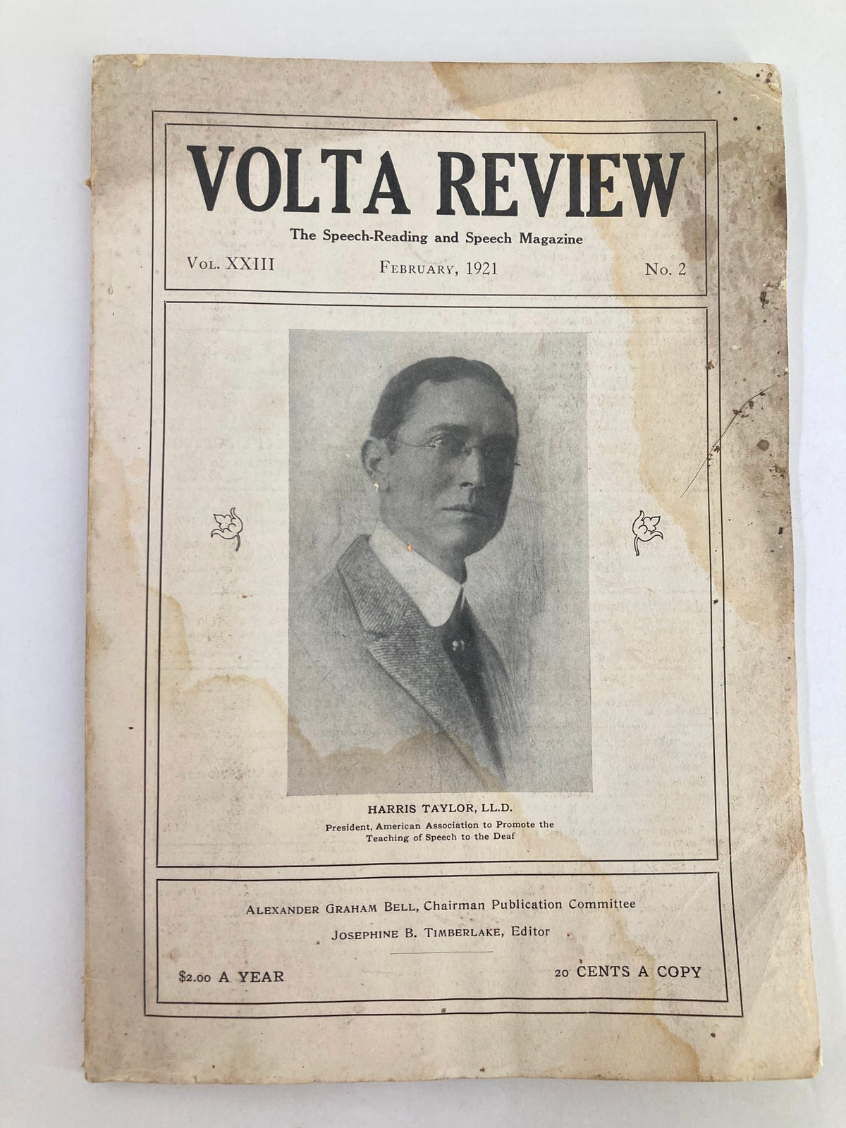 VTG Volta Review Magazine February 1921, Volume 23, Issue 2, featuring an image of Harris Taylor, LL. D., in a vintage style cover.