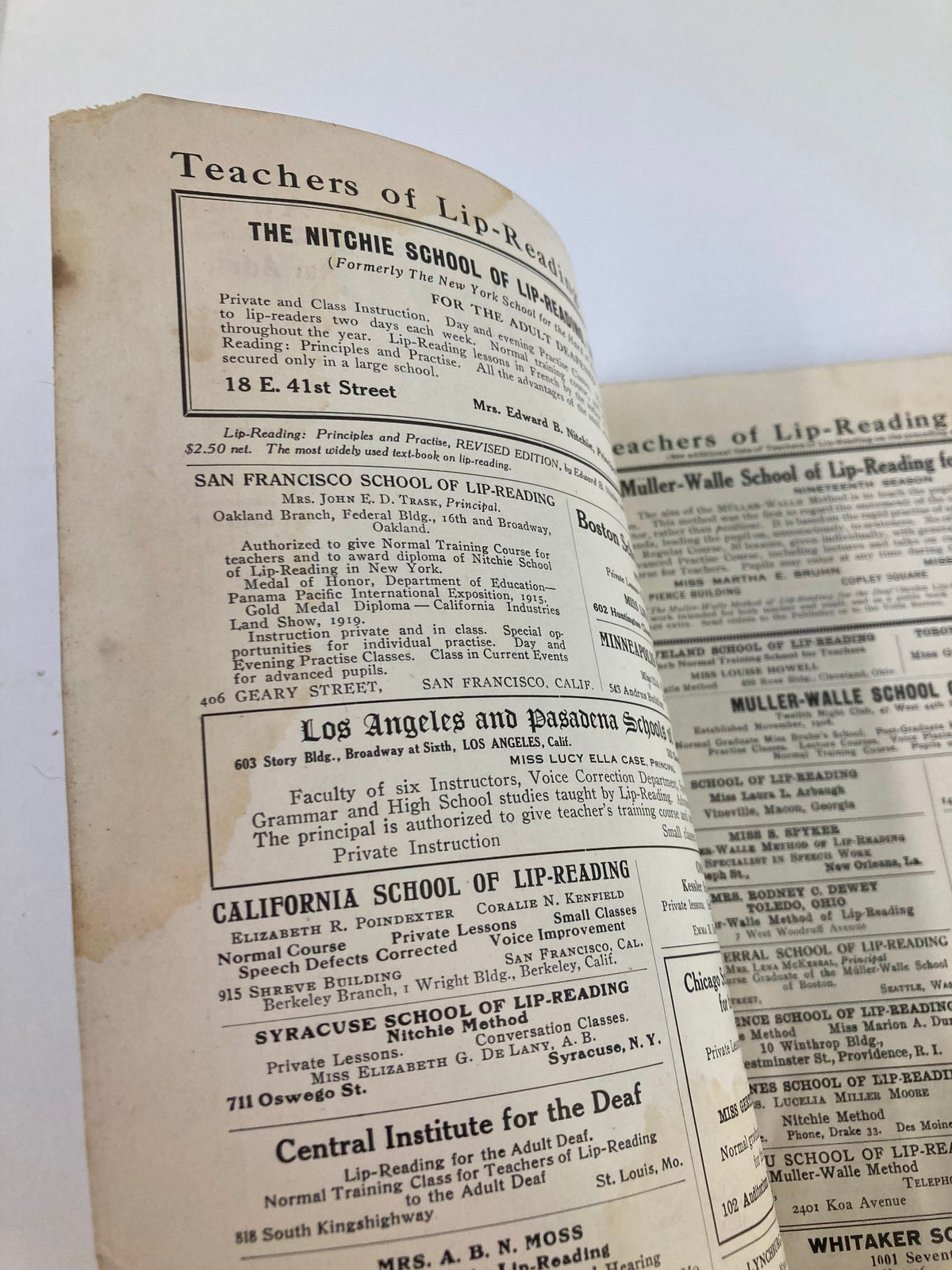 VTG Volta Review Magazine February 1921 showing a page of teachers and schools for lip-reading including San Francisco and California School for the Deaf.
