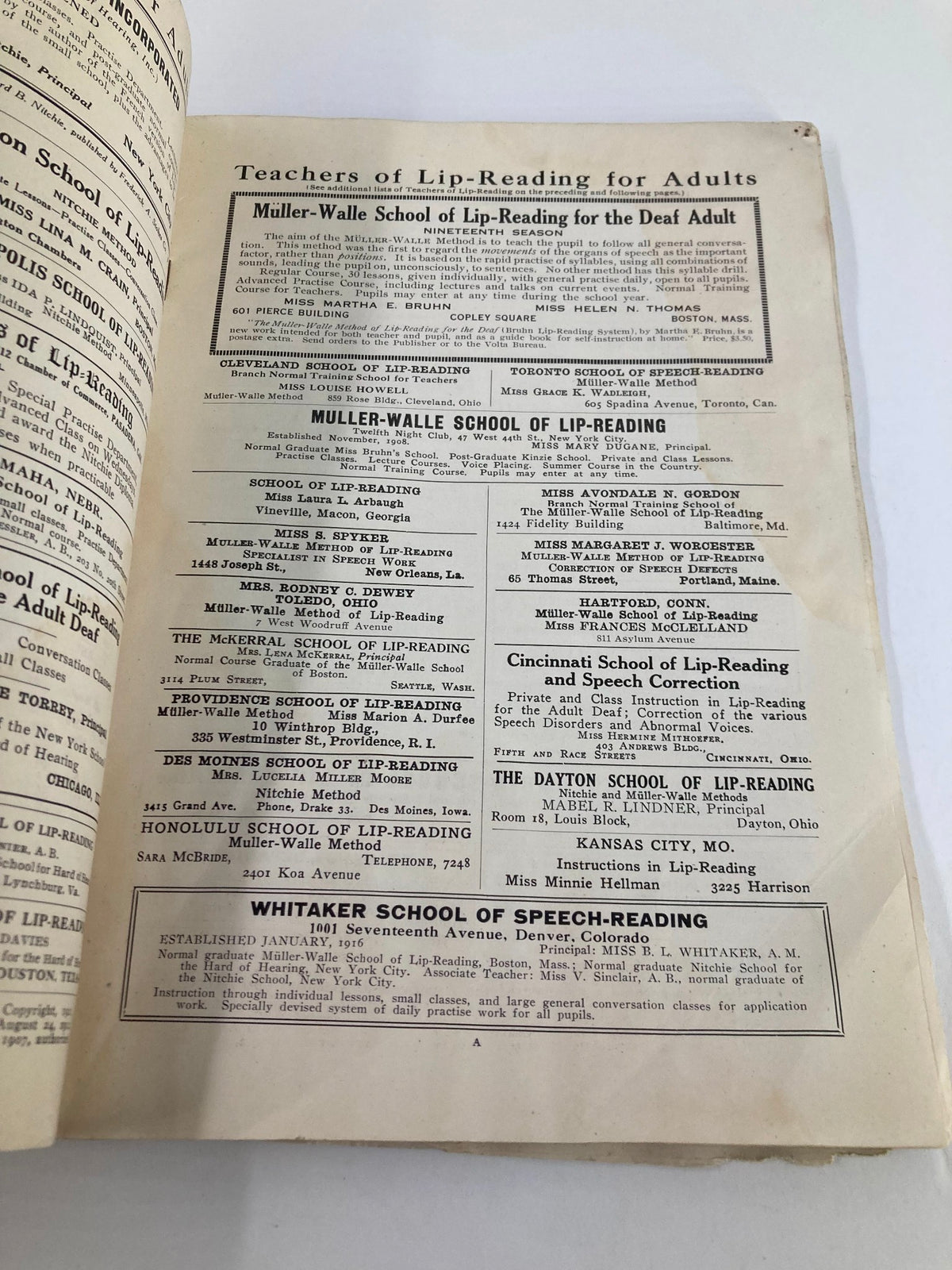 VTG Volta Review Magazine February 1921 featuring a page dedicated to lip-reading schools for adults, including the Muller-Walle School for the Deaf Adult.