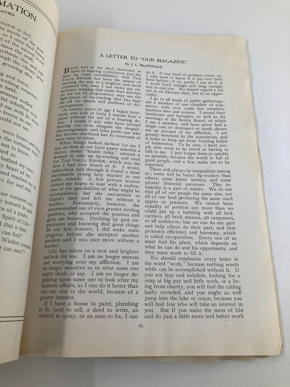 VTG Volta Review Magazine February 1921 containing a letter to the magazine discussing progress and future prospects in education for the deaf.
