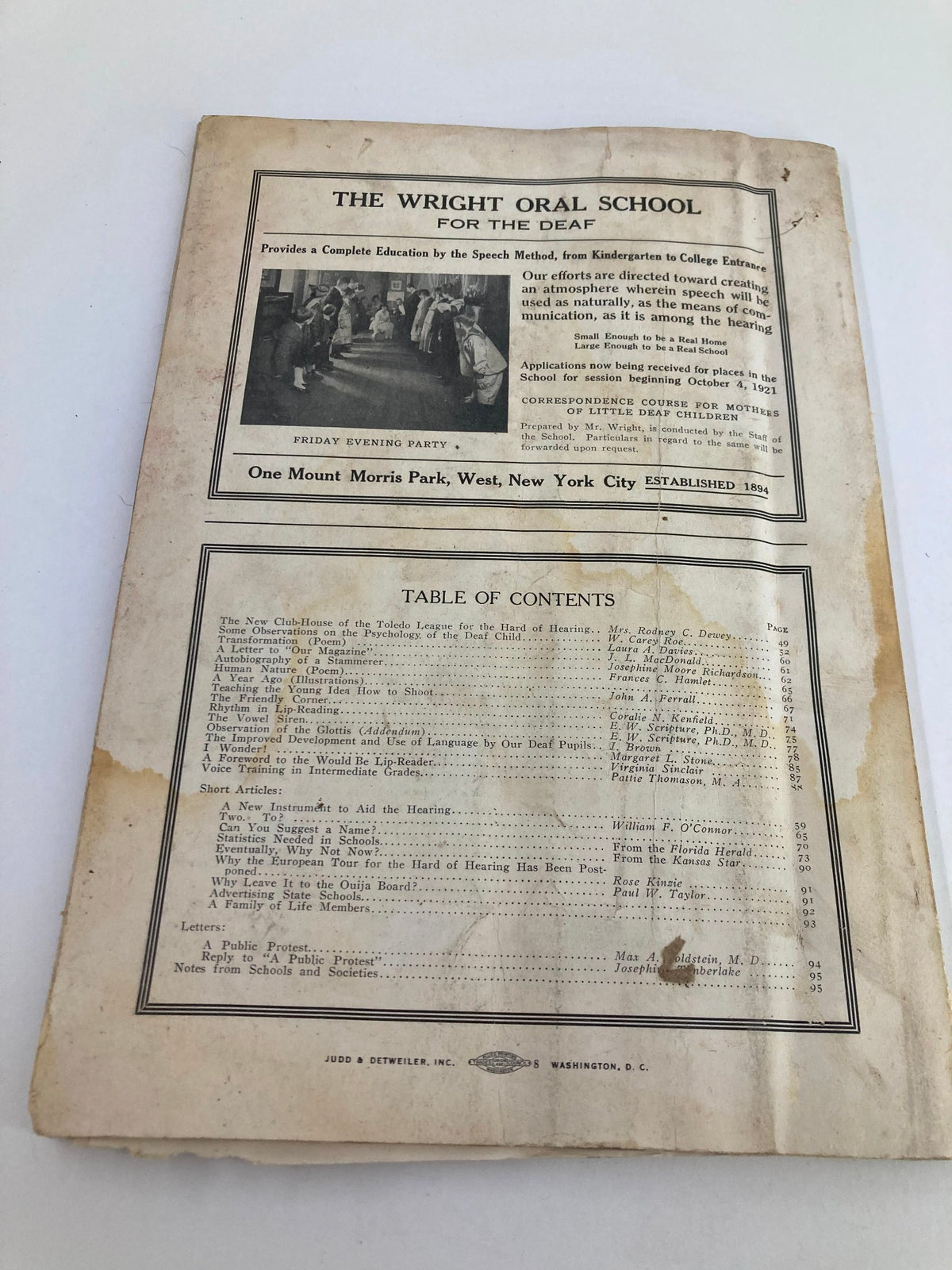 VTG Volta Review Magazine February 1921 showcasing the back cover with information about the Wright Oral School for the Deaf and its table of contents.