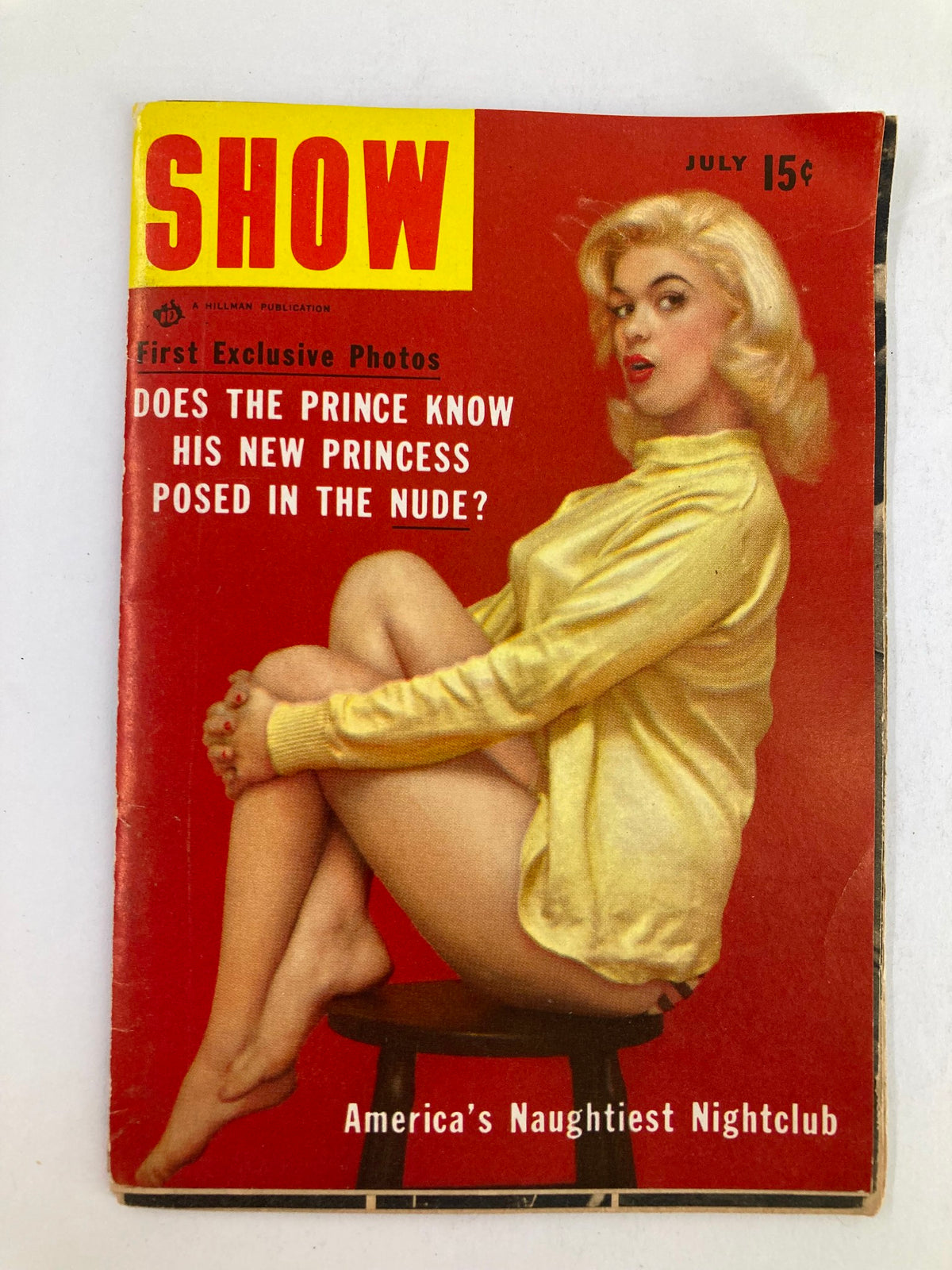Cover of the VTG Show Magazine from July 1984, titled 'America's Naughtiest Nightclub', featuring a model in a yellow sweater and provocative pose.
