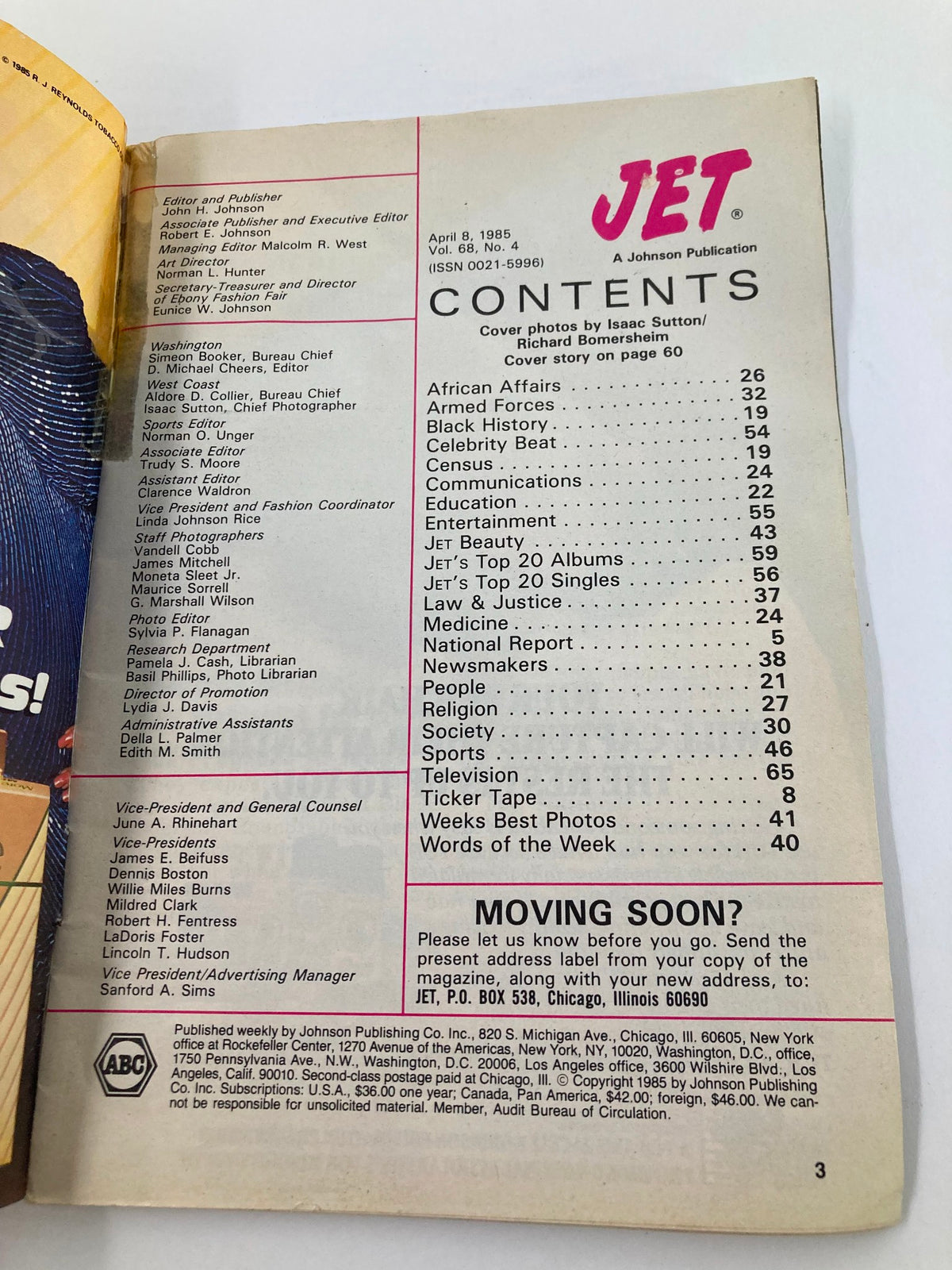 Inside page of VTG Jet Magazine April 8 1985 Vol 68 #4 displaying the table of contents, showcasing various featured articles and sections.