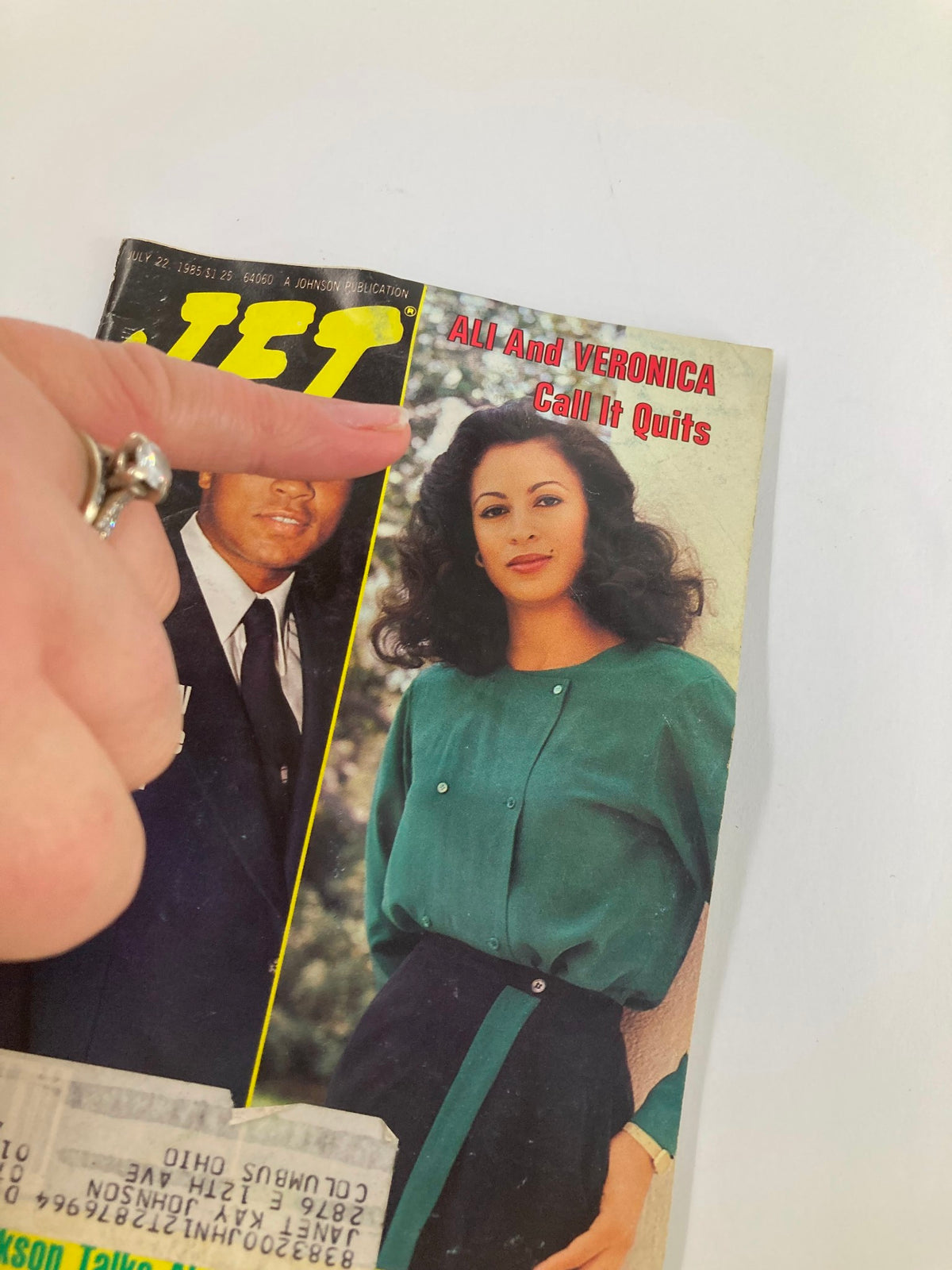 A close-up view of the cover of VTG Jet Magazine July 22 1985 Vol 68 #19, highlighting Muhammad Ali and Veronica with 'Call It Quits' text and Jesse Jackson's story.