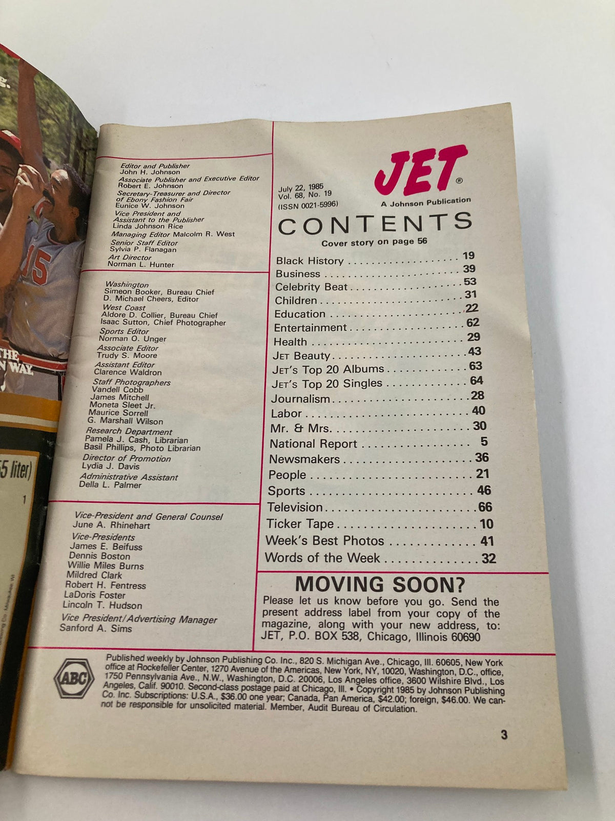 Contents page of VTG Jet Magazine July 22 1985 Vol 68 #19, detailing various sections including Black History, Celebrity Beat, and Entertainment.