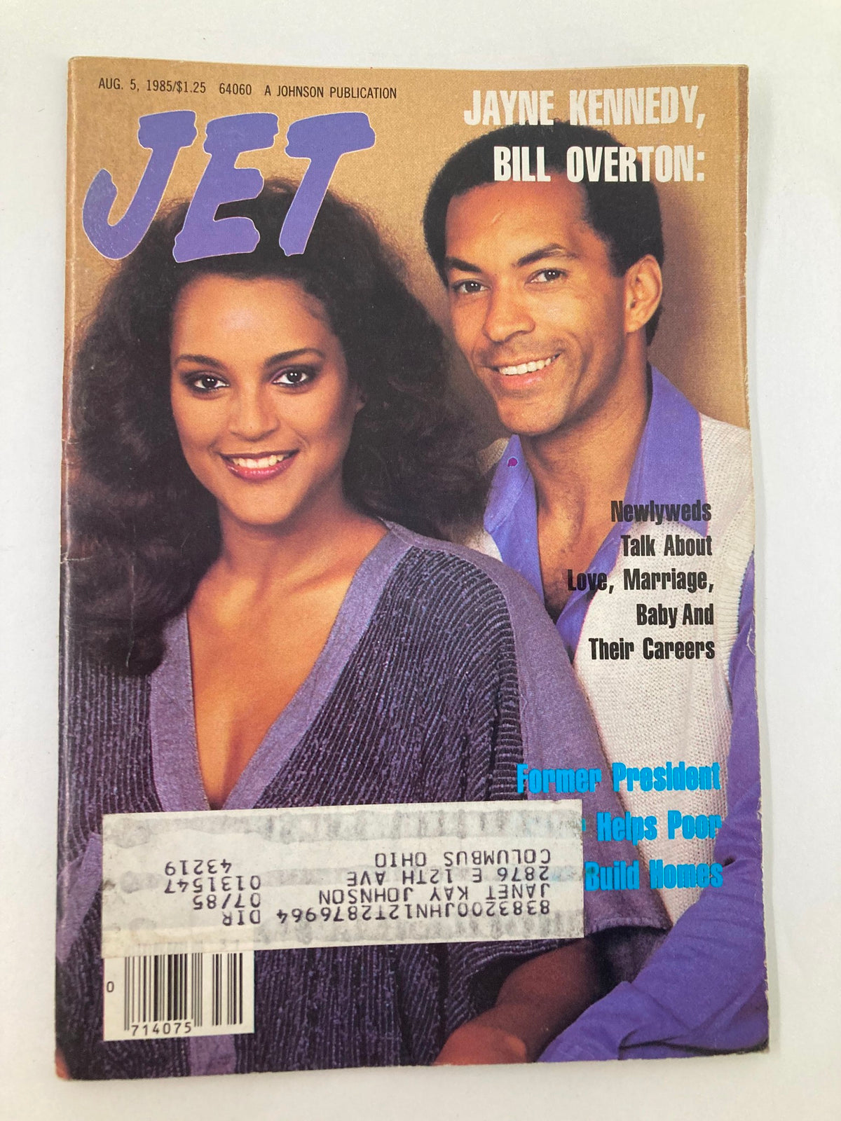 Cover of VTG Jet Magazine August 5 1985 Vol 68 #21 featuring Jayne Kennedy and Bill Overton, discussing love, marriage, and their careers, including a mention of former President's efforts to help the poor.