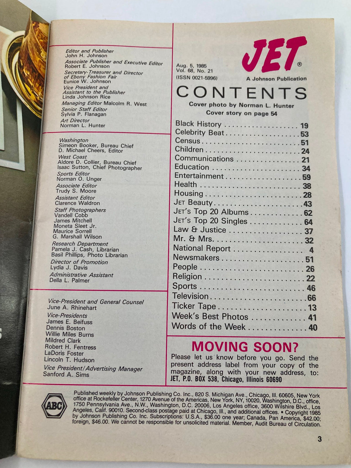 Table of contents from VTG Jet Magazine August 5 1985 Vol 68 #21 featuring sections on Black History, Celebrity Beat, Education, and more.