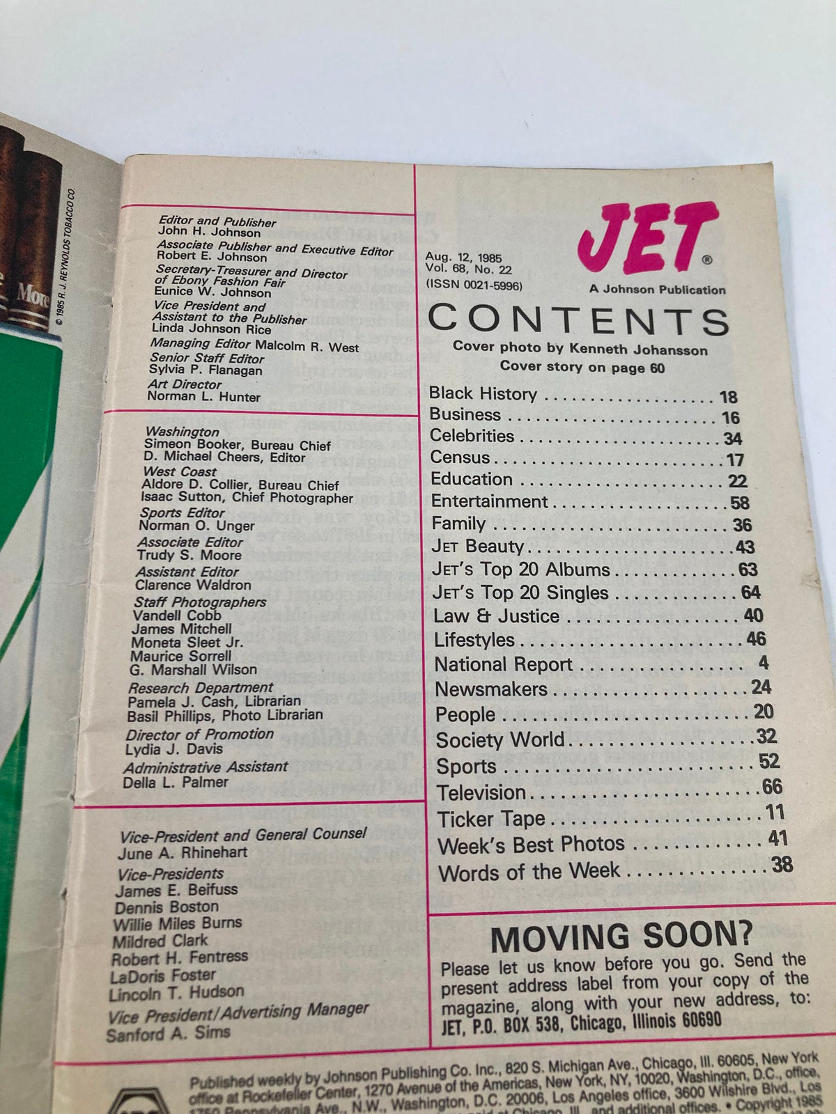 Inside page of VTG Jet Magazine August 12, 1985, Vol 68 #22 displaying the table of contents with various sections including Black History, Celebrities, and Sports.