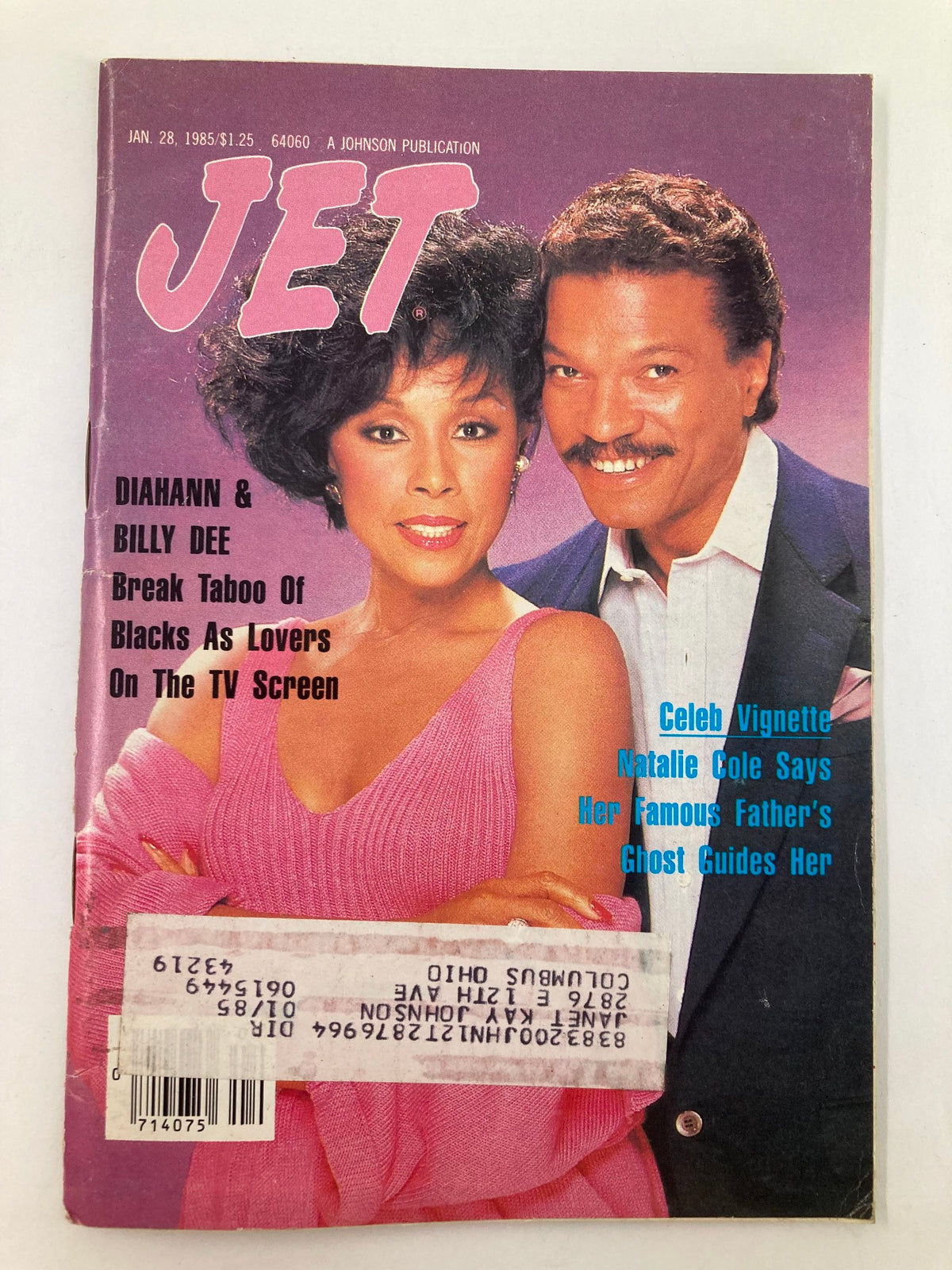 Cover of VTG Jet Magazine dated January 28, 1985, featuring Diahann Carroll and Billy Dee Williams, discussing the portrayal of Black lovers on TV.