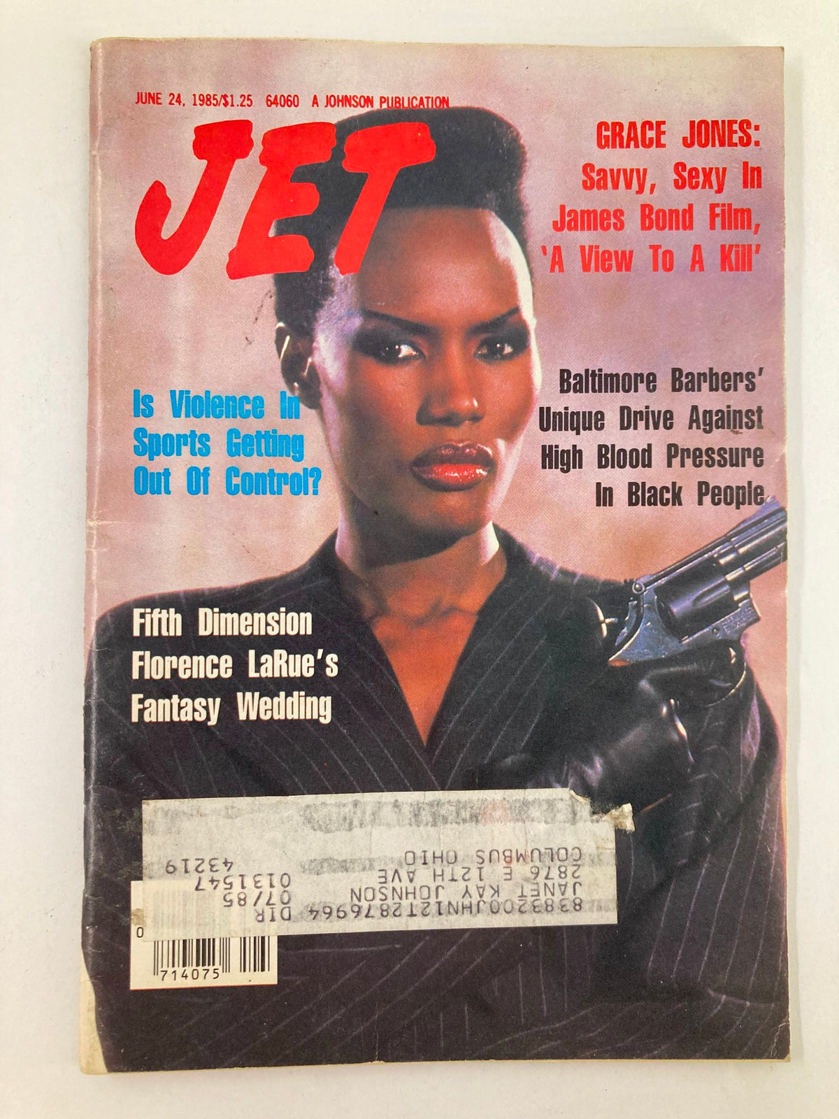 Cover of VTG Jet Magazine June 24 1985 Vol 68 #15 featuring Grace Jones, known for her role in 'A View To A Kill', with a striking portrait and headlines discussing relevant cultural topics.