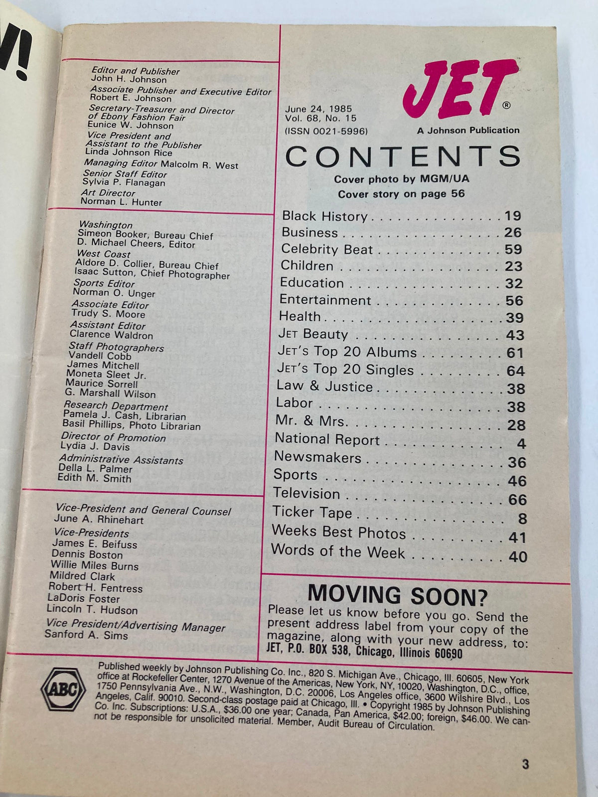Contents page of VTG Jet Magazine June 24 1985 Vol 68 #15 detailing articles including a cover story on Grace Jones and various cultural and societal issues of the mid-80s.