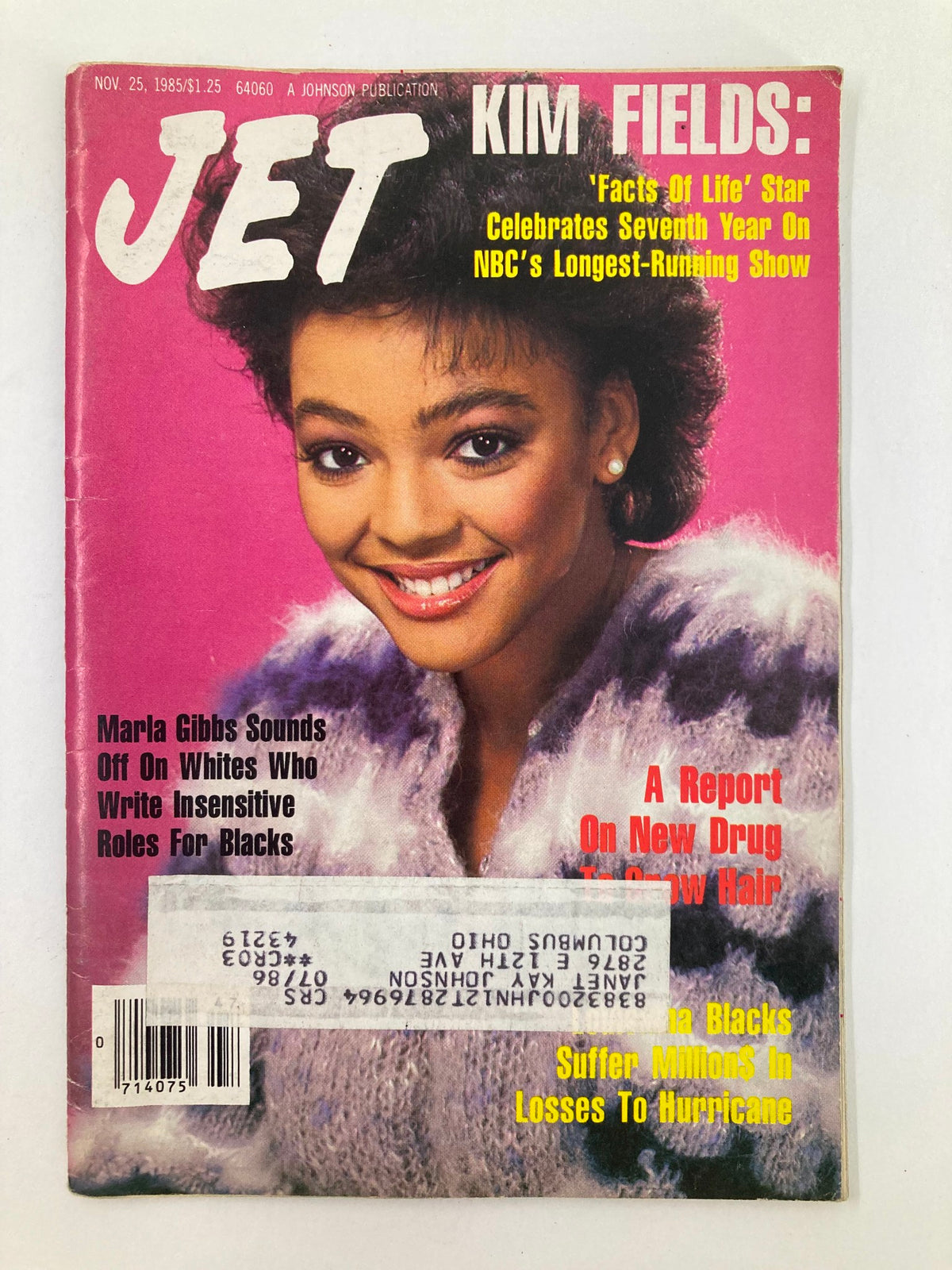 Cover of VTG Jet Magazine November 25, 1985, featuring Kim Fields from 'Facts of Life', showcasing her radiant smile and retro fashion.