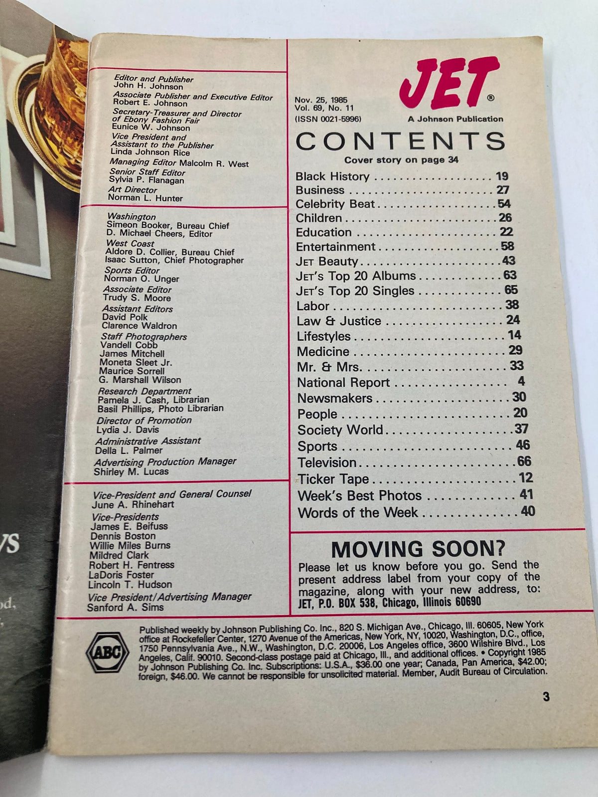 Internal page of VTG Jet Magazine November 25, 1985, displaying the table of contents, highlighting various cultural topics and articles from the 1980s.