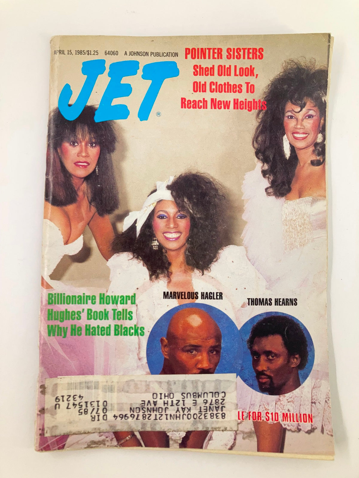VTG Jet Magazine April 15 1985 Vol 68 #5 featuring the Pointer Sisters, Marvelous Hagler, and Thomas Hearns on the cover, showcasing vintage pop culture and sports.