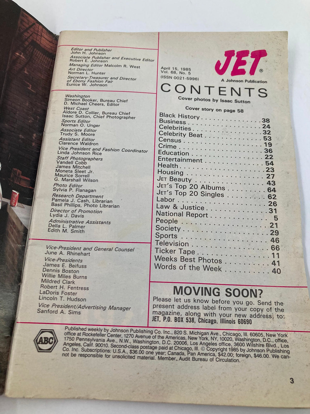 Contents page of VTG Jet Magazine April 15 1985 Vol 68 #5, detailing various articles and features including Black History, Entertainment, and Celebrity profiles.