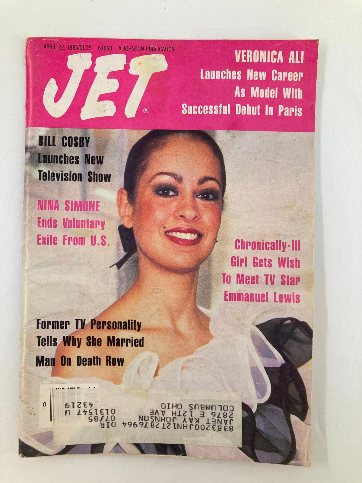 Cover of VTG Jet Magazine from April 22, 1985, featuring Veronica Ali, highlighting her successful debut as a model in Paris and articles about Bill Cosby and Nina Simone.