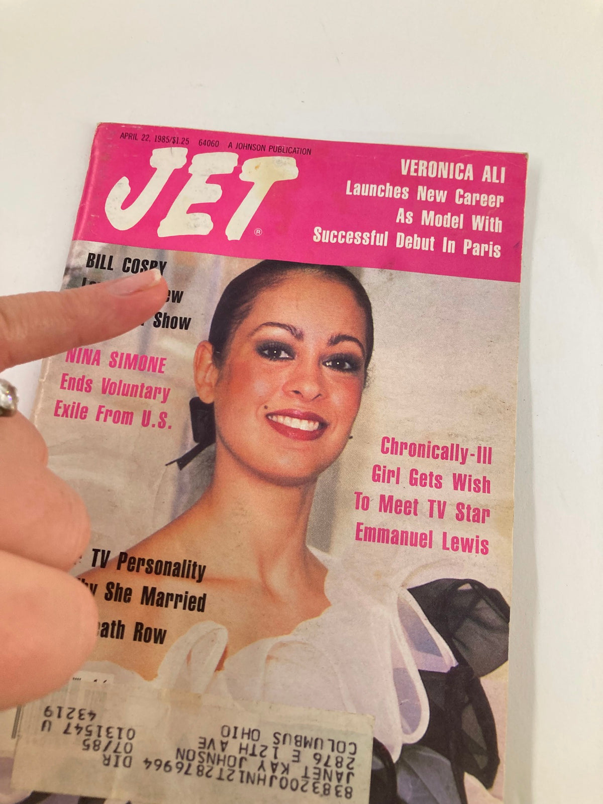 Close-up of the cover of VTG Jet Magazine from April 22, 1985, showing Veronica Ali's image and headlines about her modeling debut, Bill Cosby's new television show, and a chronically ill girl's wish to meet a TV star.