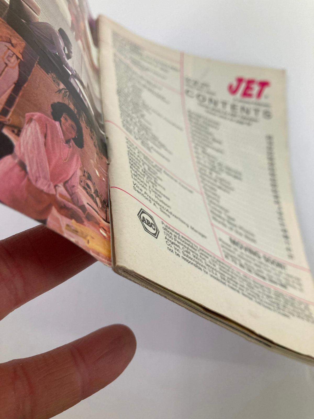 Interior view of VTG Jet Magazine April 29 1985 Vol 68 #7 showing the contents page and an image of a woman, illustrating the magazine's design and layout.