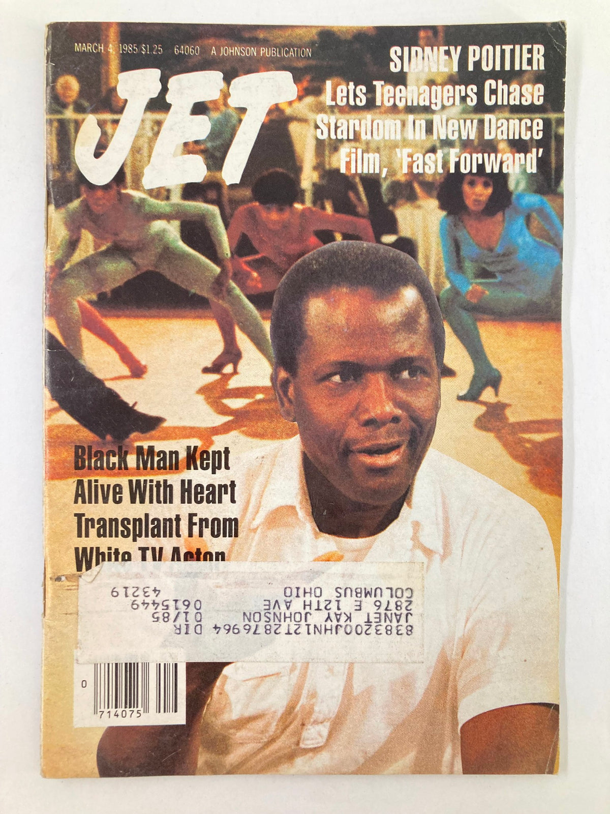 Cover of VTG Jet Magazine March 4 1985 Vol 67 #25 featuring Sidney Poitier in the film 'Fast Forward', with a focus on a scene from the movie and magazine highlights.