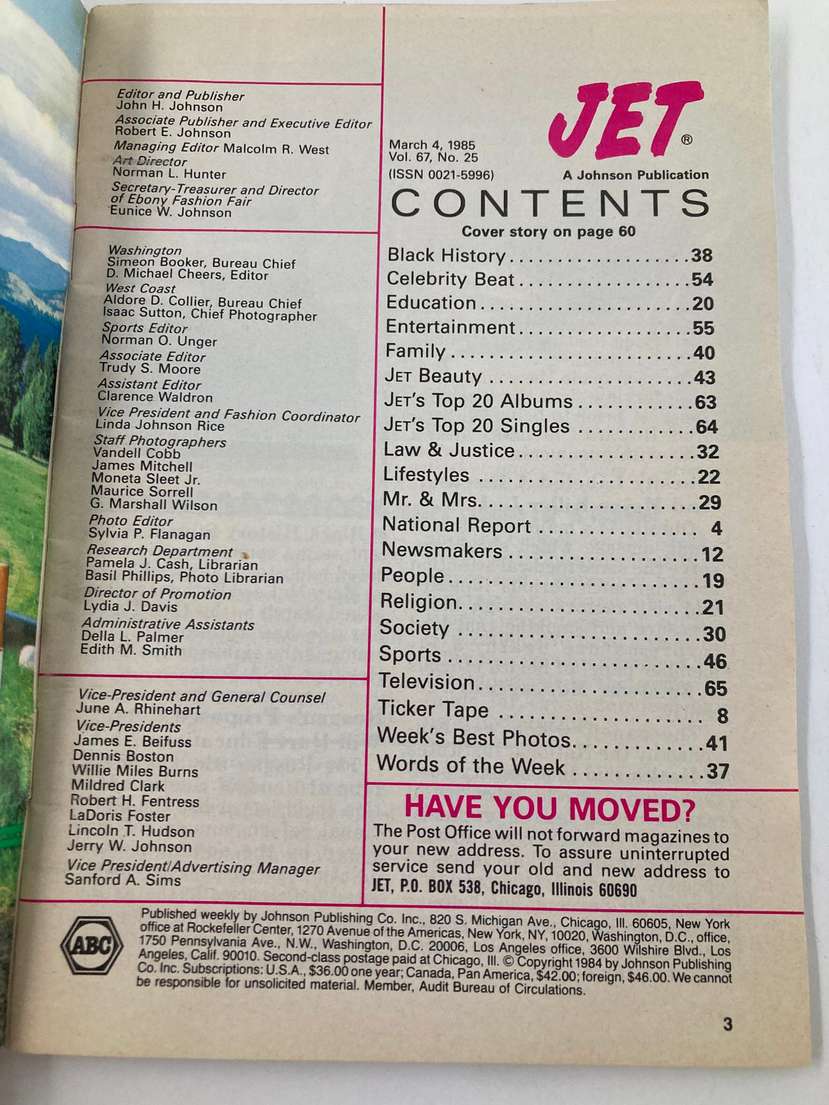 Contents page of VTG Jet Magazine March 4 1985 Vol 67 #25, showcasing articles, features, and editors, reflecting the magazine's diverse topics.