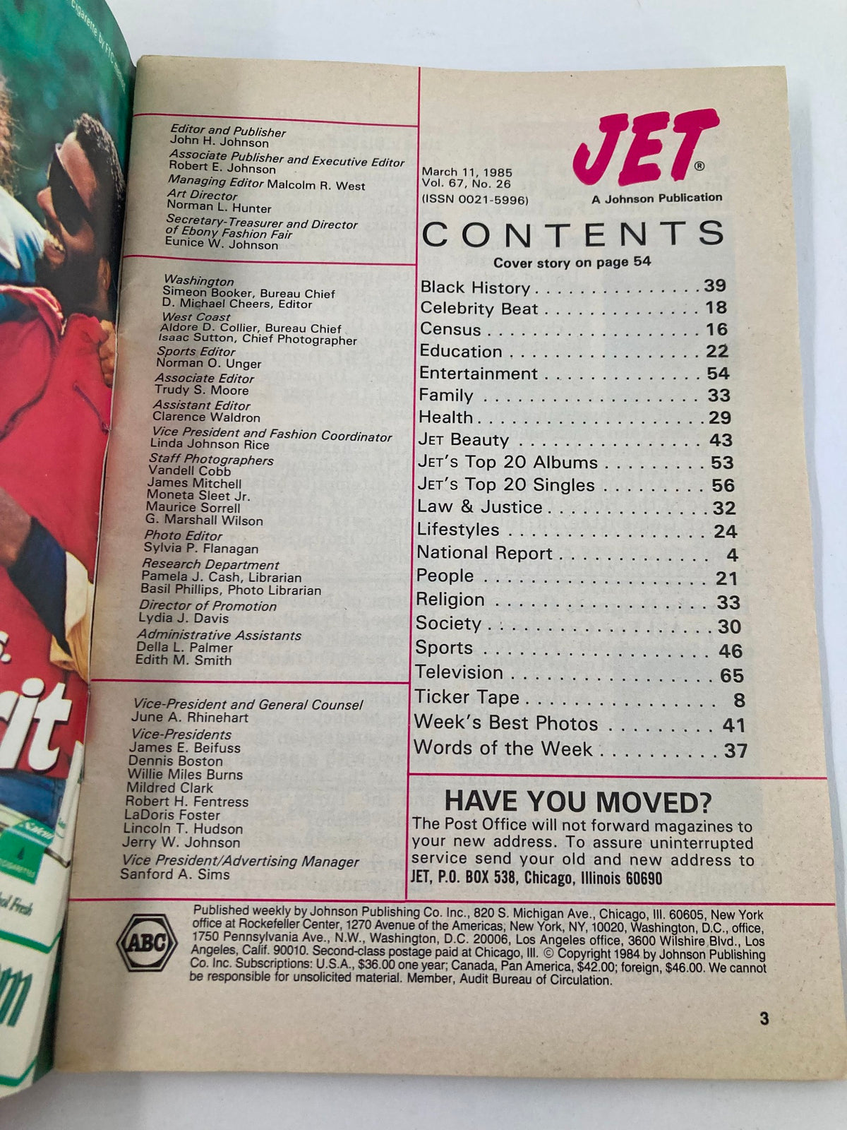 The contents page of VTG Jet Magazine March 11 1985 Vol 67 #26, showcasing various articles including Black History, Celebrity Beat, and Entertainment.