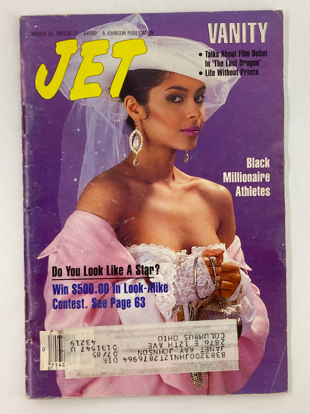 Cover of VTG Jet Magazine March 25, 1985, Vol 68 #2 featuring Canadian singer Vanity, showcasing her elegance with a veil and statement earrings.