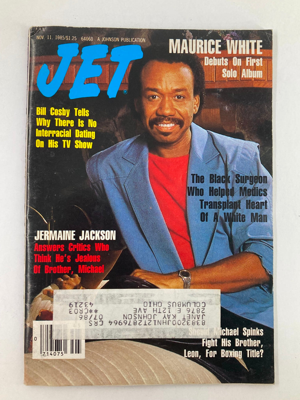 Cover of VTG Jet Magazine, November 11, 1985, Vol 69 #9 featuring Maurice White debuting on his first solo album, with a colorful background and accompanying headlines.