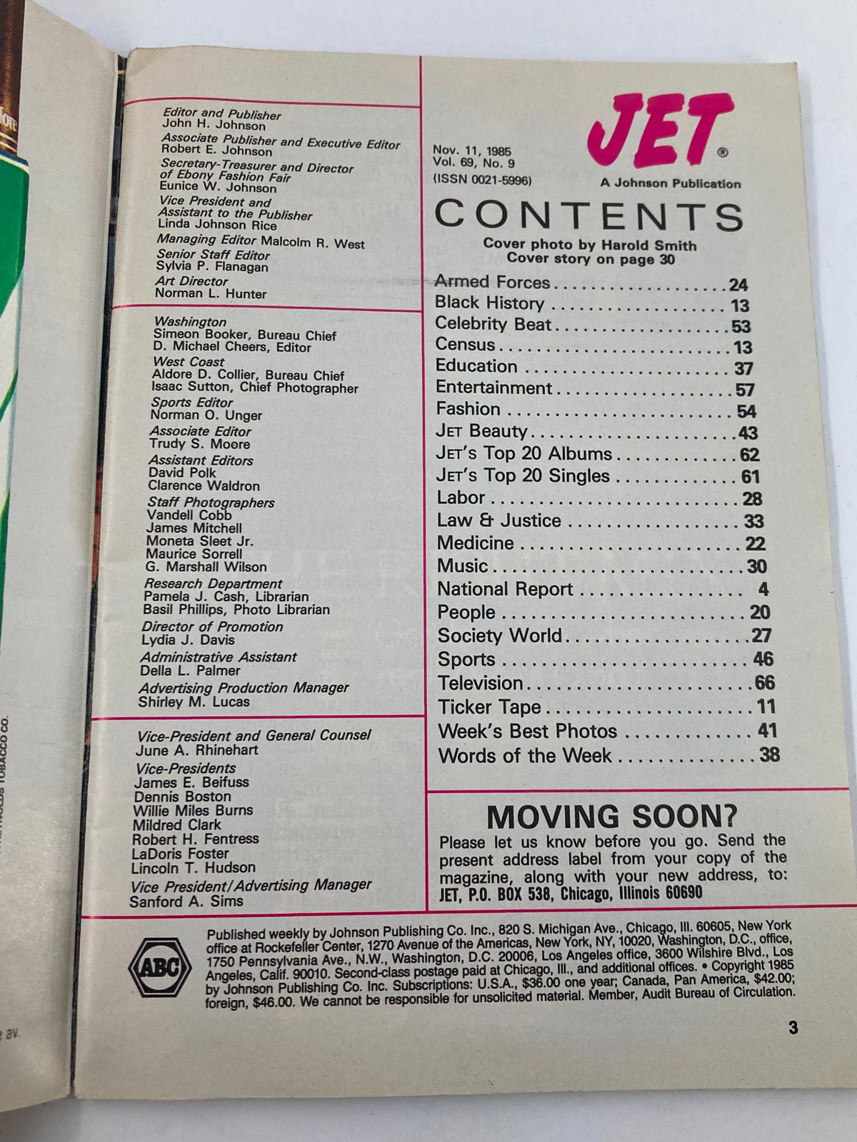 Contents page of VTG Jet Magazine, November 11, 1985, Vol 69 #9, listing various articles and sections including celebrity news and music.