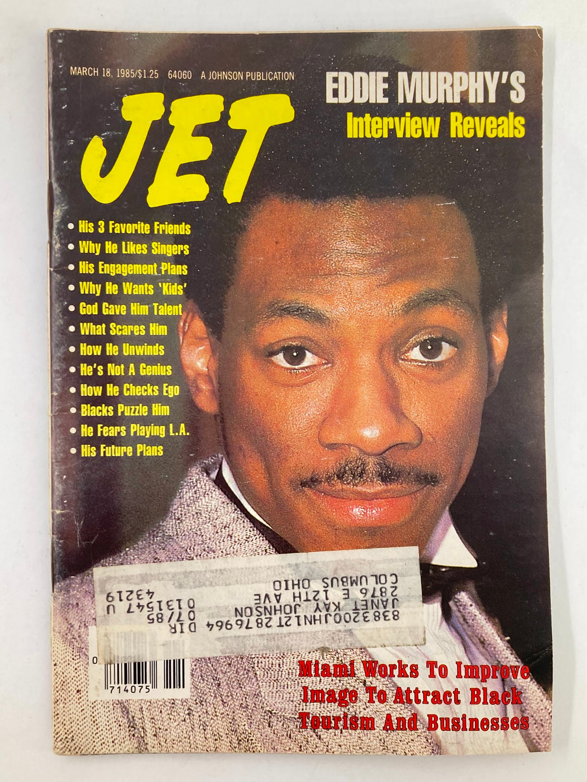 Cover image of VTG Jet Magazine March 18 1985 Vol 68 #1 featuring Eddie Murphy's interview reveals, highlighting various topics such as his favorite friends and personal insights.