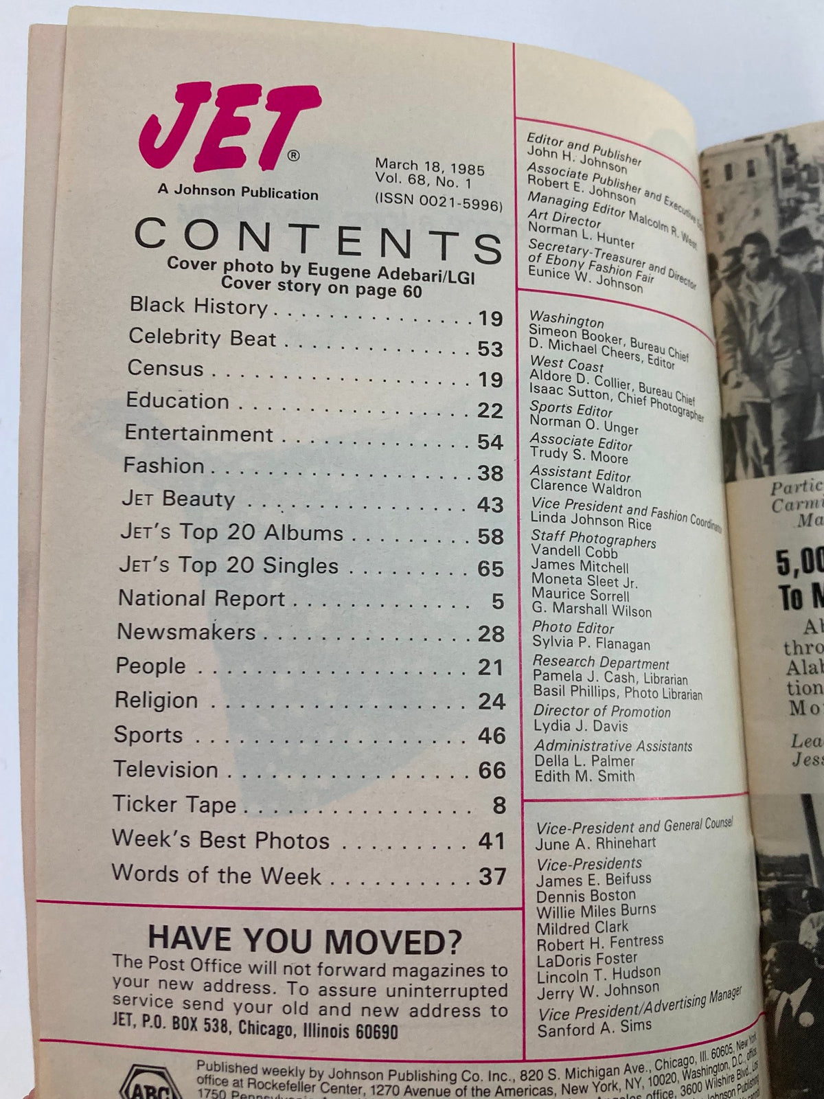 Contents page of VTG Jet Magazine March 18 1985 Vol 68 #1 detailing sections on Black History, Entertainment, Sports, and featuring Eddie Murphy's interview.