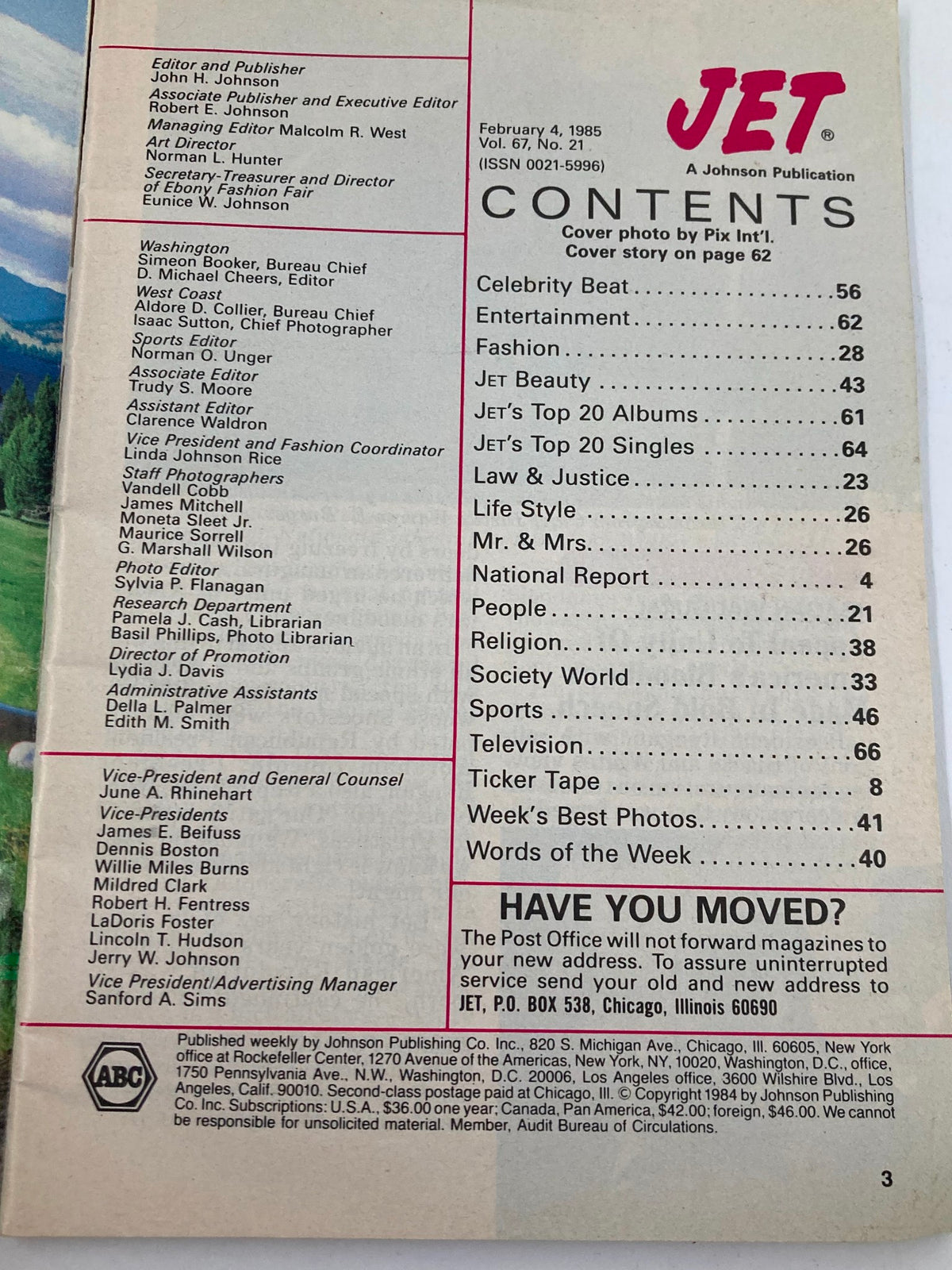 Contents page of VTG Jet Magazine February 4 1985 Vol 67 #21 Prince for Grammy & Music Awards, featuring article highlights and editorial credits.