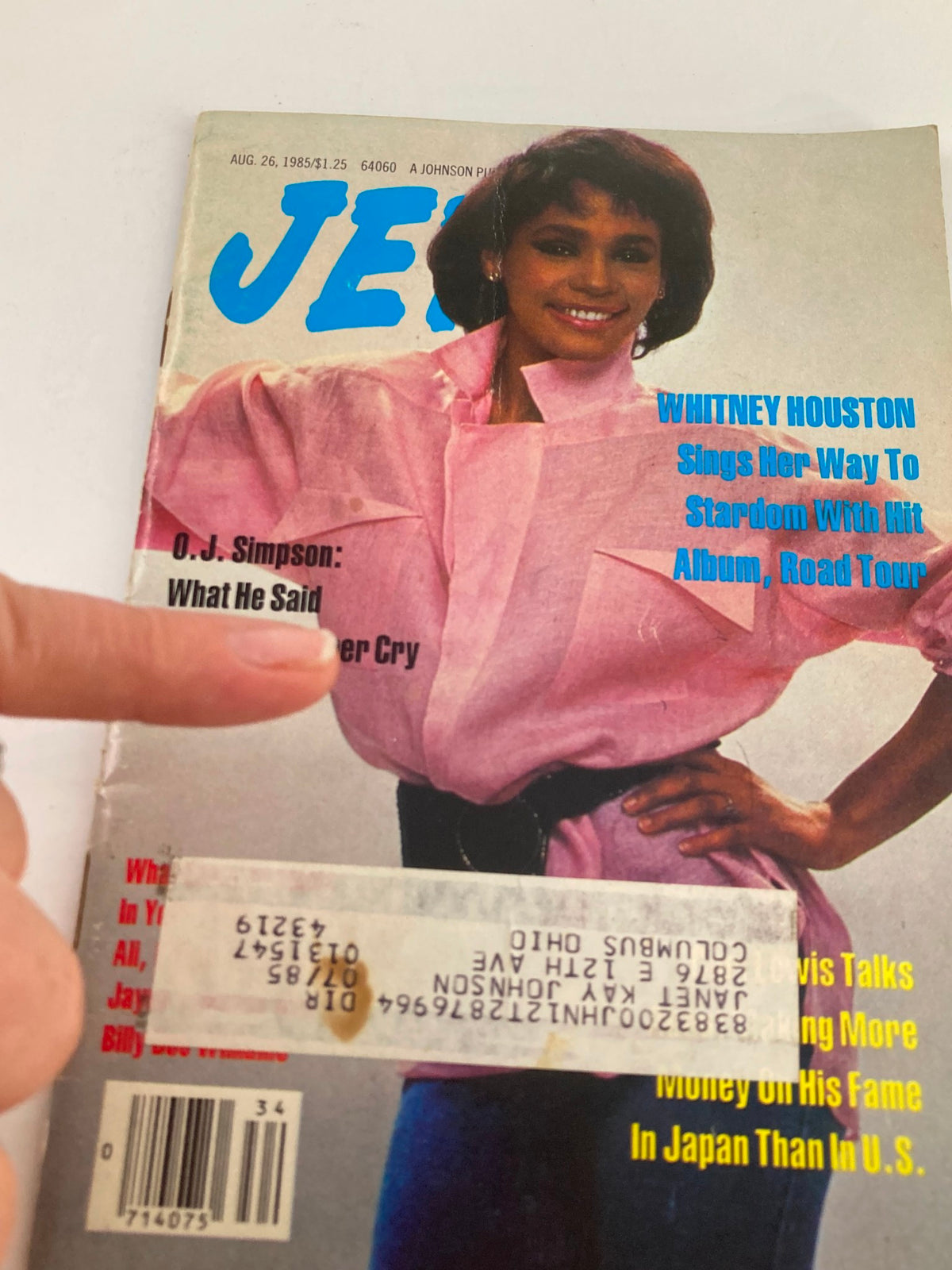 Cover of VTG Jet Magazine August 26 1985 Vol 68 #24 featuring Whitney Houston, promoting her hit album and road tour. The magazine includes a sticker label and has minor wear.