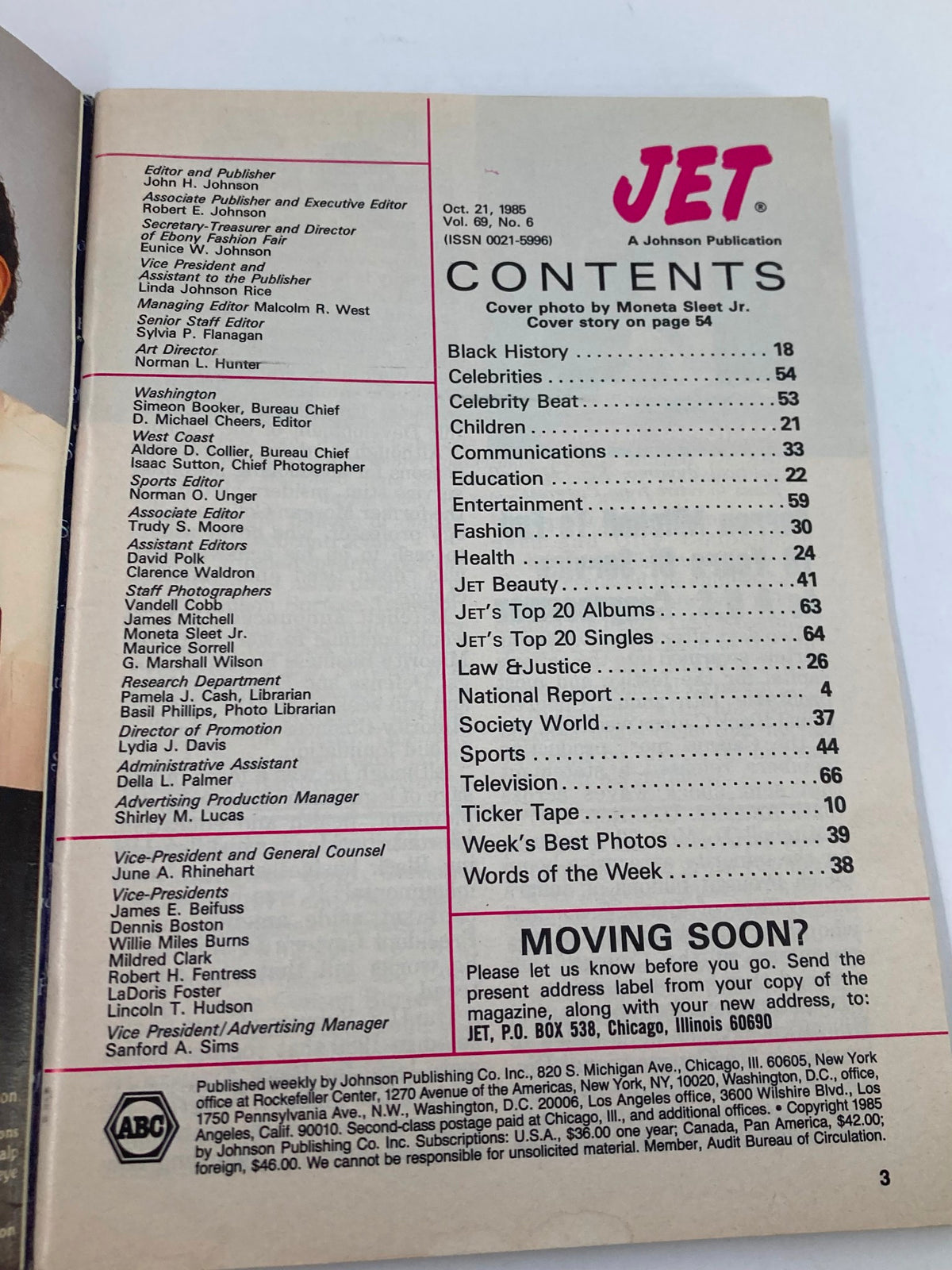 Contents page of VTG Jet Magazine October 21 1985 Vol 69 #6, showcasing articles and features including Celebrity Beat, Education, and Black History.