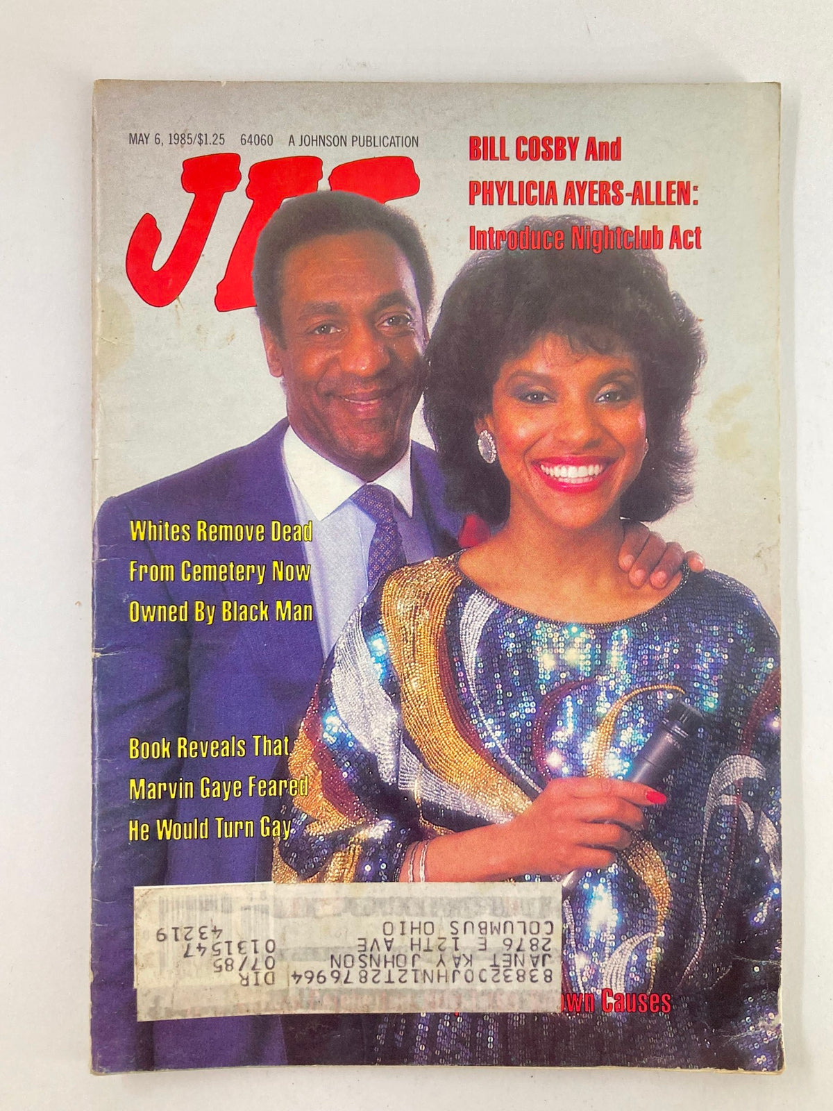 VTG Jet Magazine May 6 1985 Vol 68 #8 featuring Bill Cosby and Phylicia Ayers-Allen on the cover, highlighting their nightclub act introduction, with additional content related to social issues and culture.